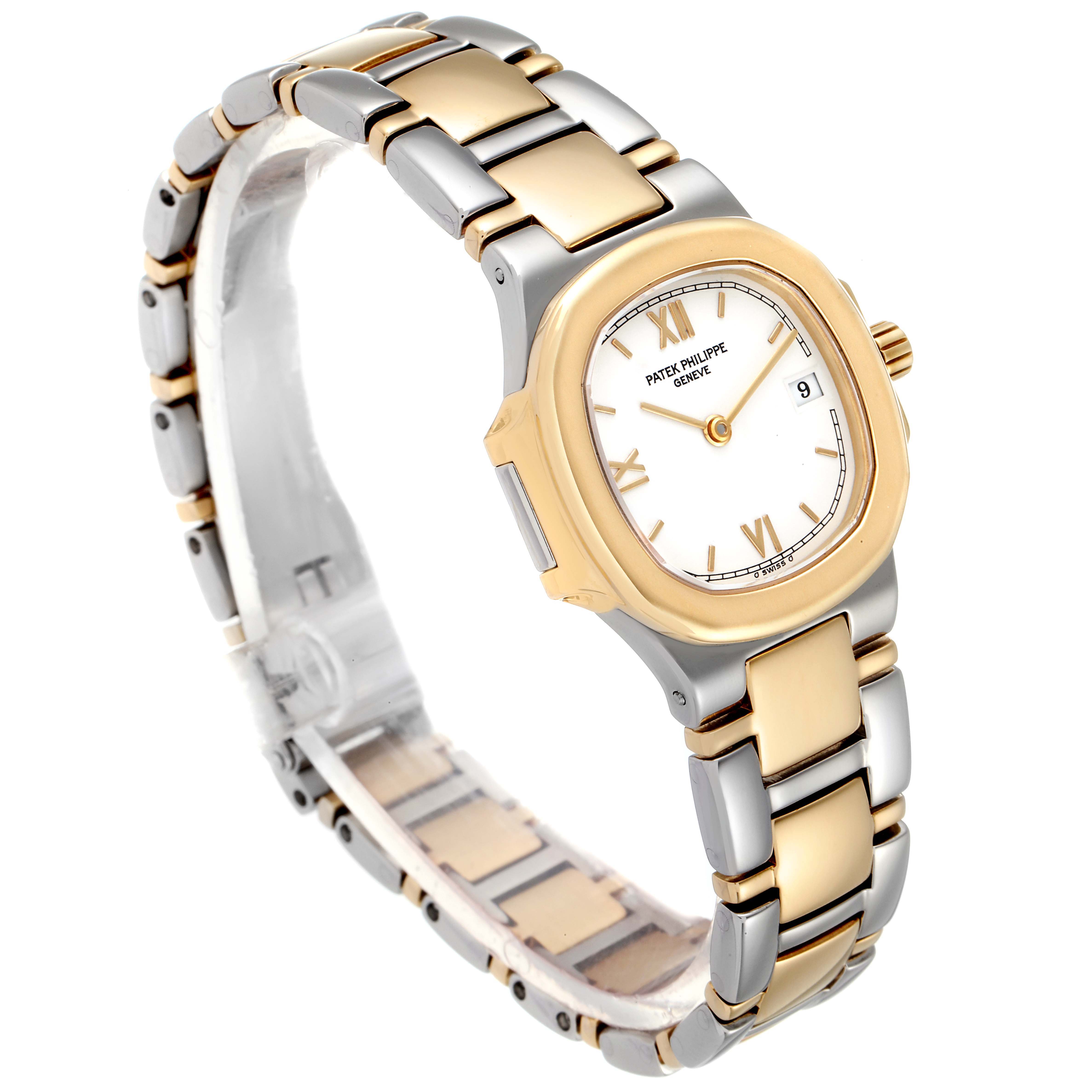 This image shows a Patek Philippe Nautilus 4700 Women's Steel and Gold (two tone) White Dial 4700 Women's Steel and Gold (two tone) White Dial watch at a slight angle, highlighting the two-tone metal bracelet and the face with Roman numerals and date display.
