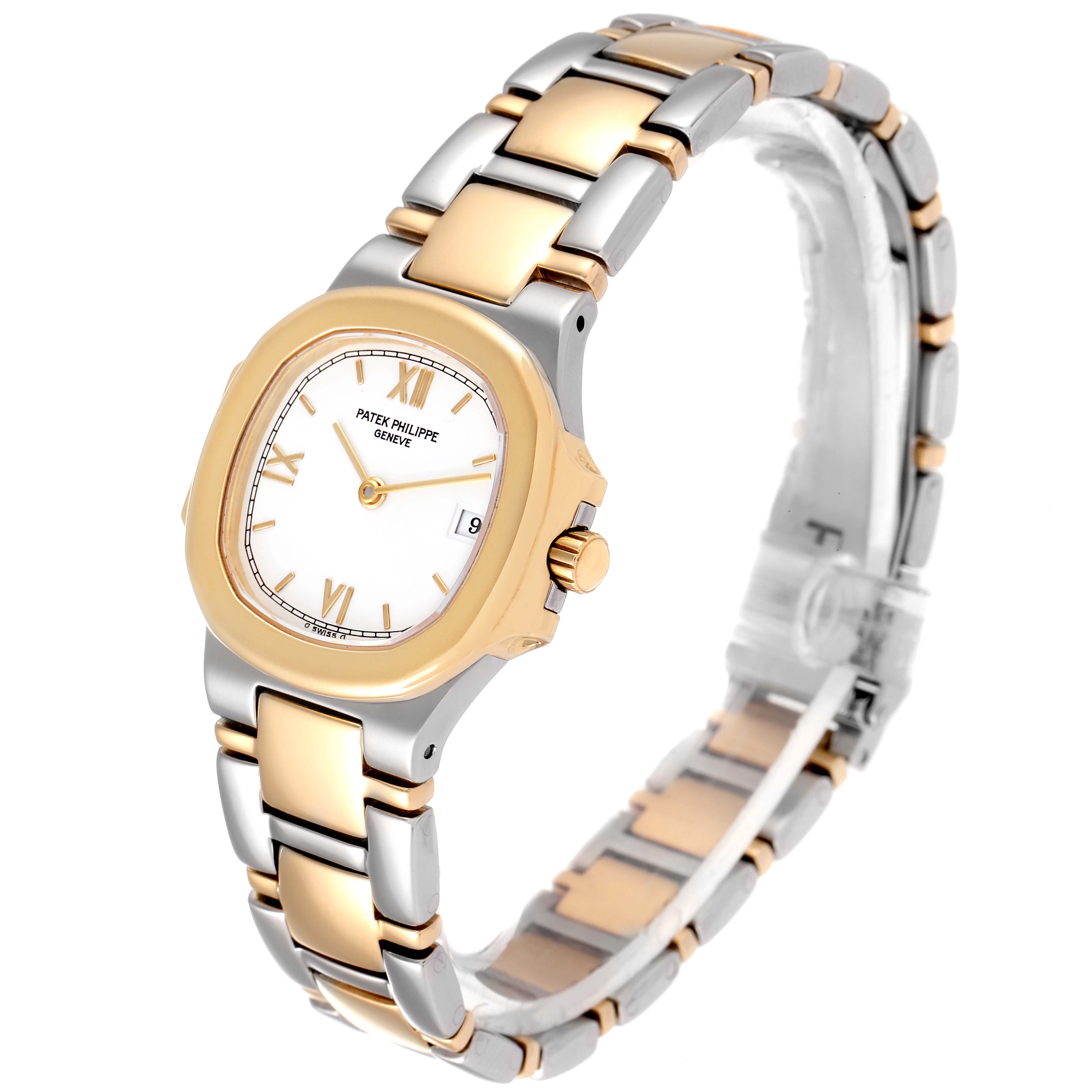 The image shows a Patek Philippe Nautilus 4700 Women's Steel and Gold (two tone) White Dial 4700 Women's Steel and Gold (two tone) White Dial watch at a slight angle, featuring its dial, bezel, crown, and two-tone bracelet.