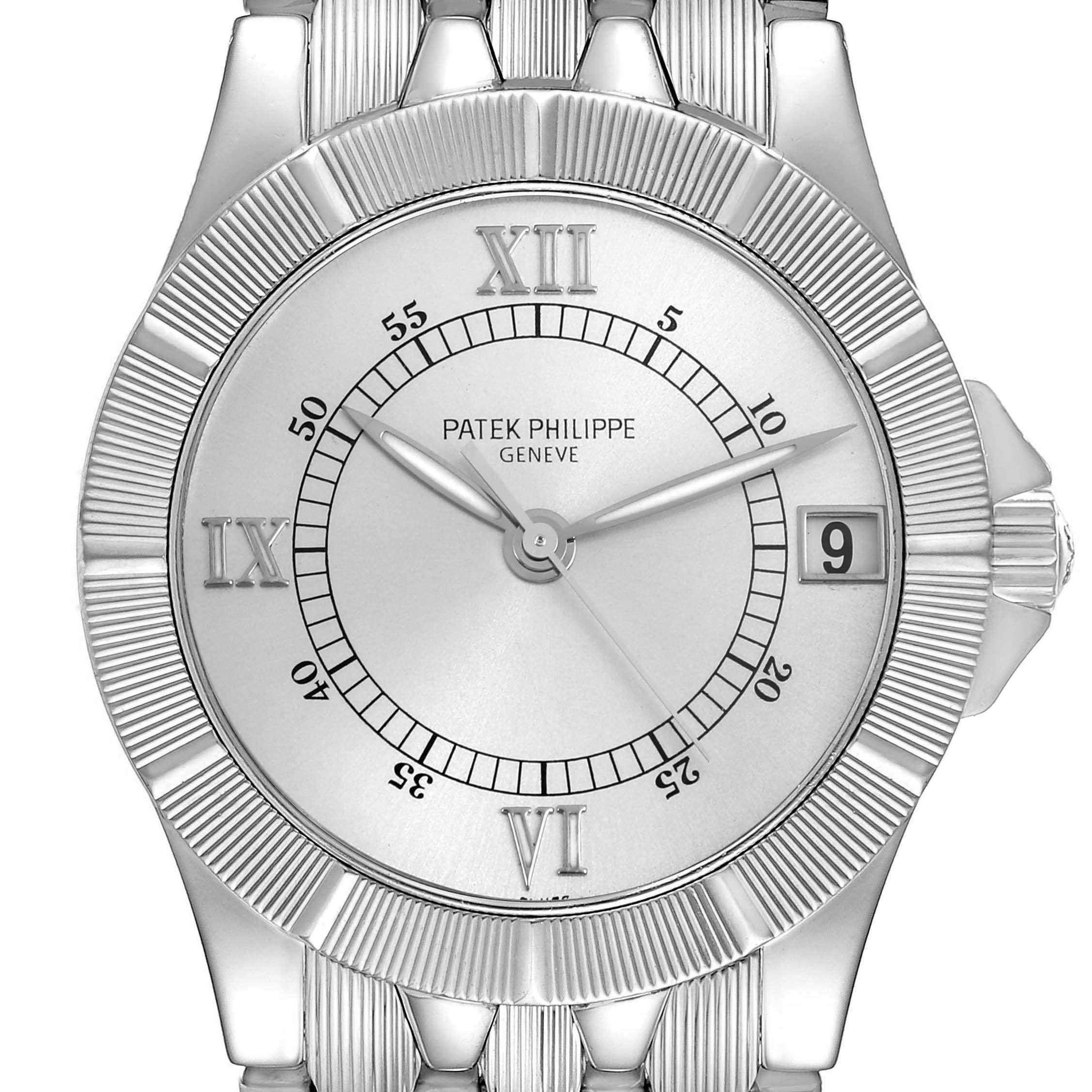 The Patek Philippe Neptune 5080A Men's Stainless Steel Silver Dial model is shown from a top-down angle, featuring the dial, bezel, and part of the bracelet.