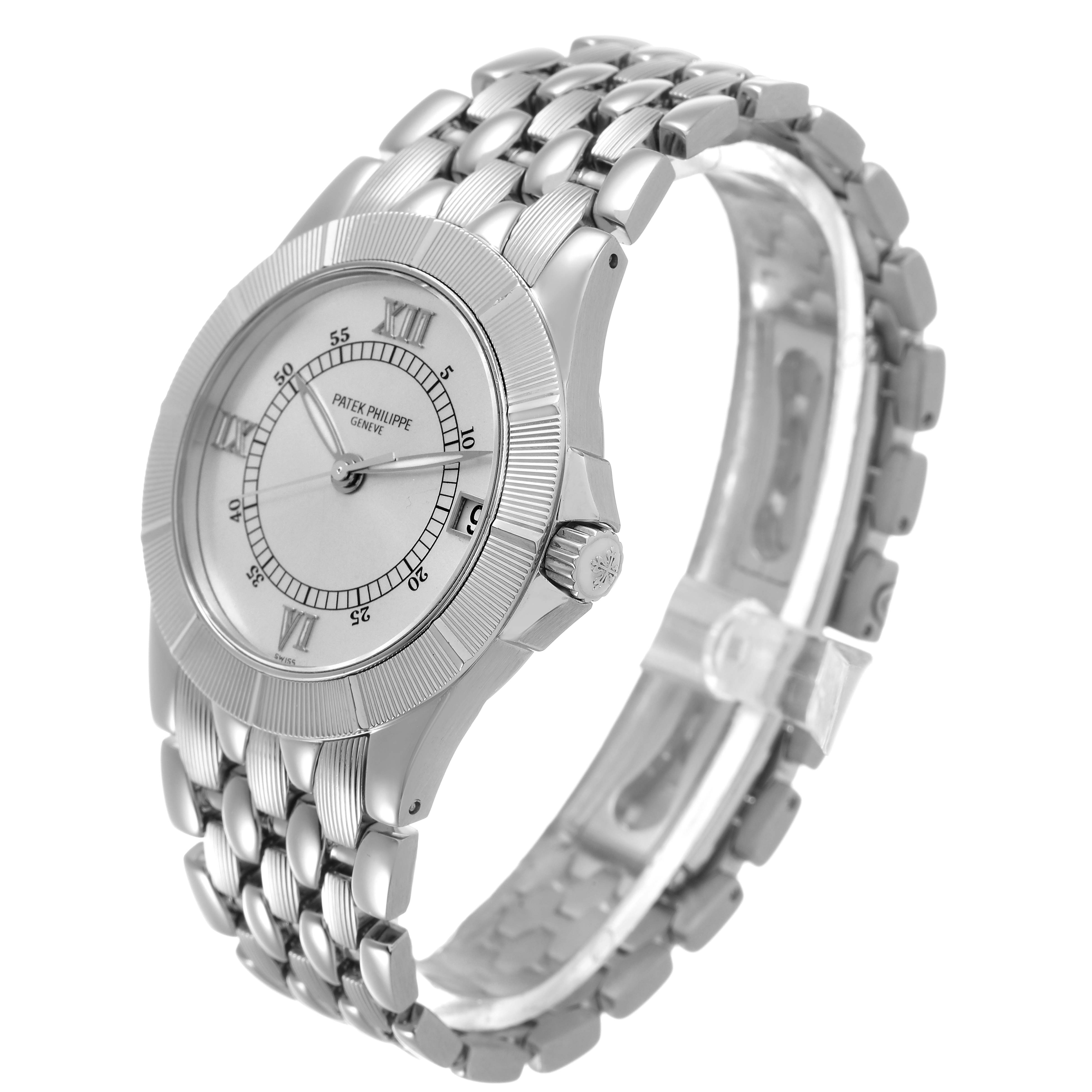 The Patek Philippe Neptune 5080A Men's Stainless Steel Silver Dial watch is shown at a three-quarter angle, highlighting its face, bezel, and bracelet.