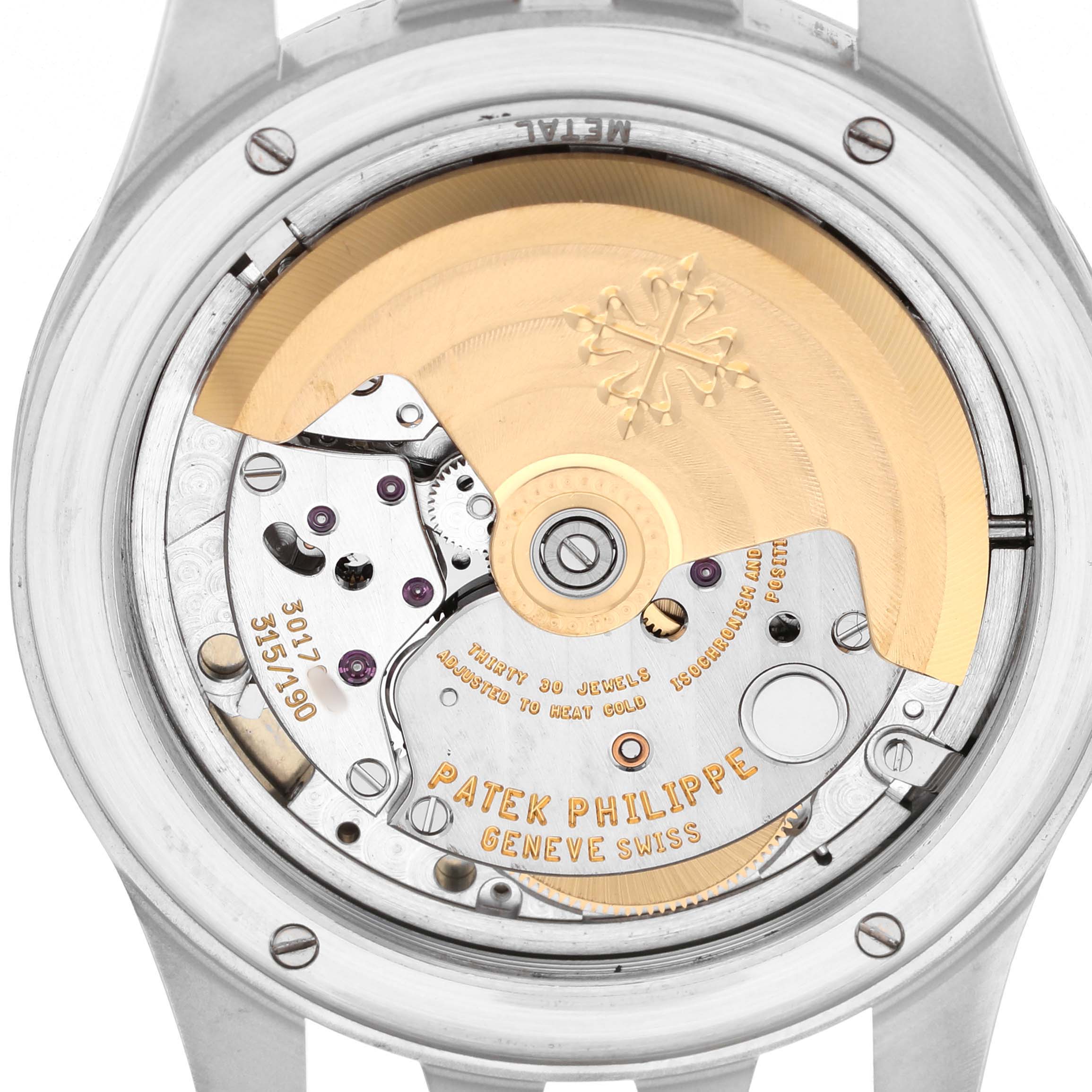 The image shows the case back of a Patek Philippe Neptune 5080A Men's Stainless Steel Silver Dial model, revealing its detailed movement and rotor.