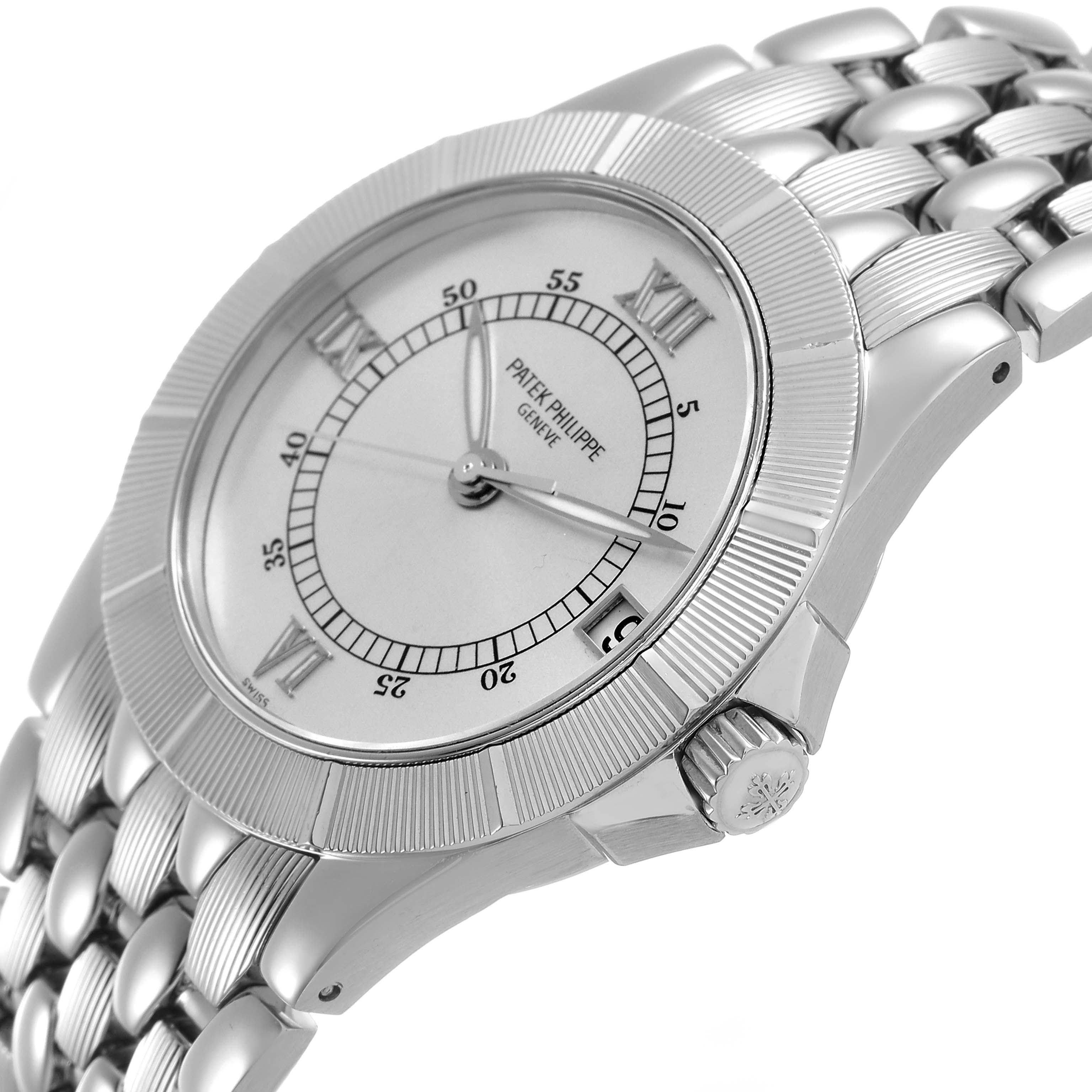 The Patek Philippe Neptune 5080A Men's Stainless Steel Silver Dial watch is shown at a slight angle highlighting its dial, bezel, crown, and metal bracelet.