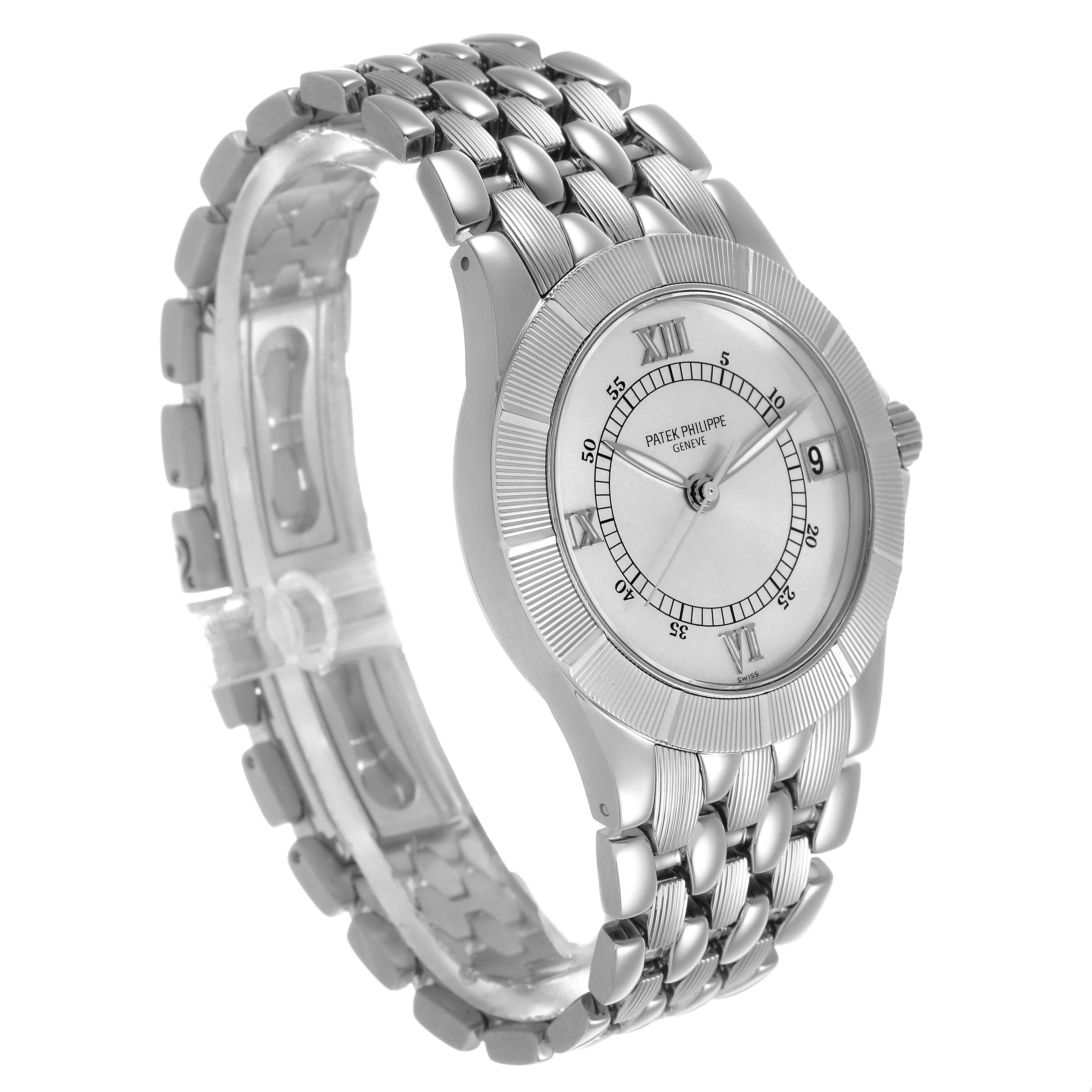 The Patek Philippe Neptune 5080A Men's Stainless Steel Silver Dial watch is shown at a three-quarter angle, highlighting its dial, bezel, and bracelet.