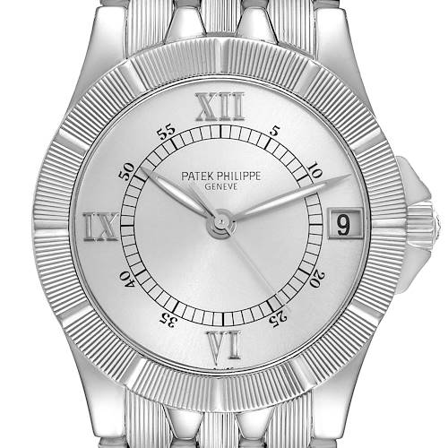 The image shows a frontal view of the Patek Philippe Neptune 5080A Men's Stainless Steel Silver Dial watch face, highlighting the bezel, numerals, and hands.