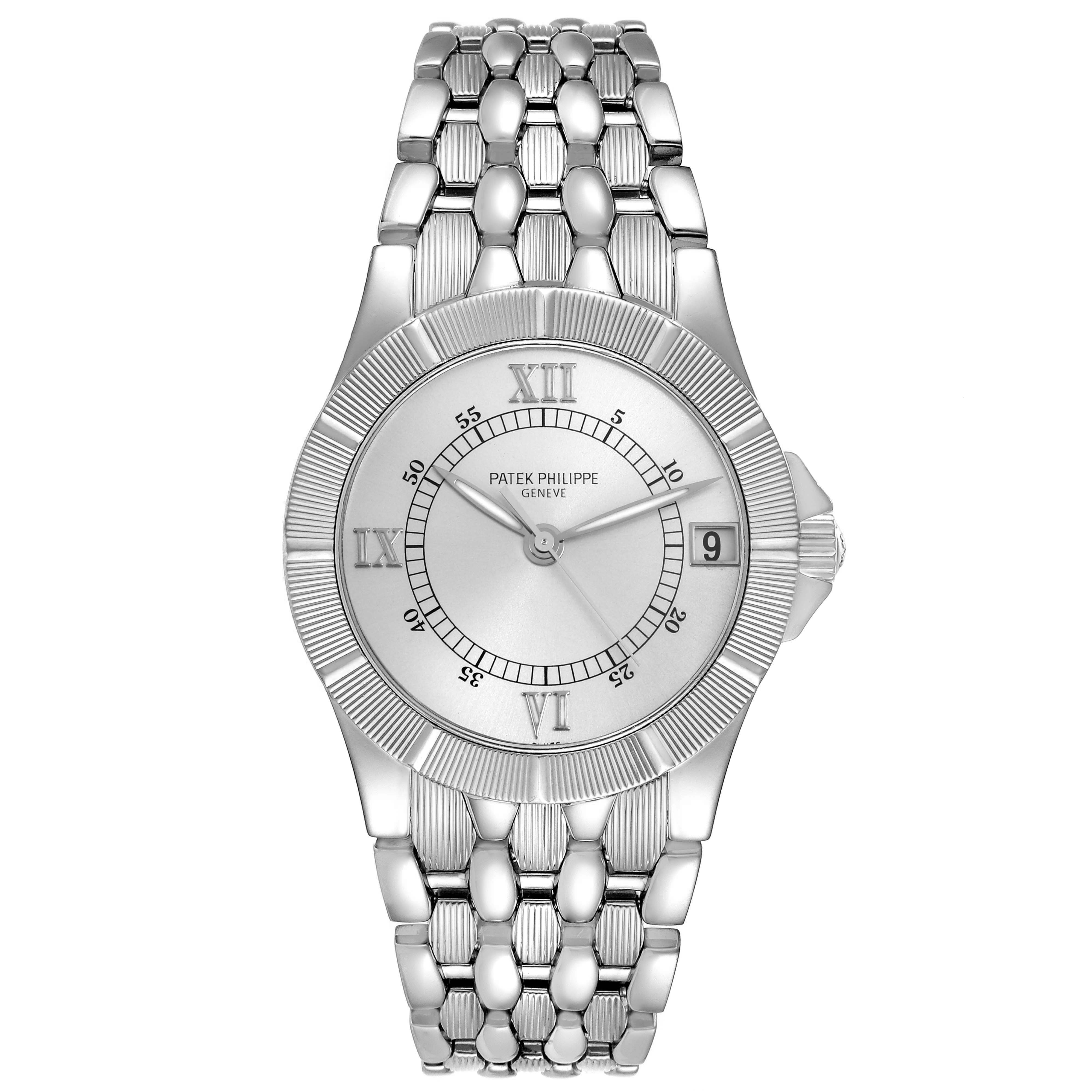 The Patek Philippe Neptune 5080A Men's Stainless Steel Silver Dial watch is shown in a front view, highlighting its dial, bezel, bracelet, and date window.