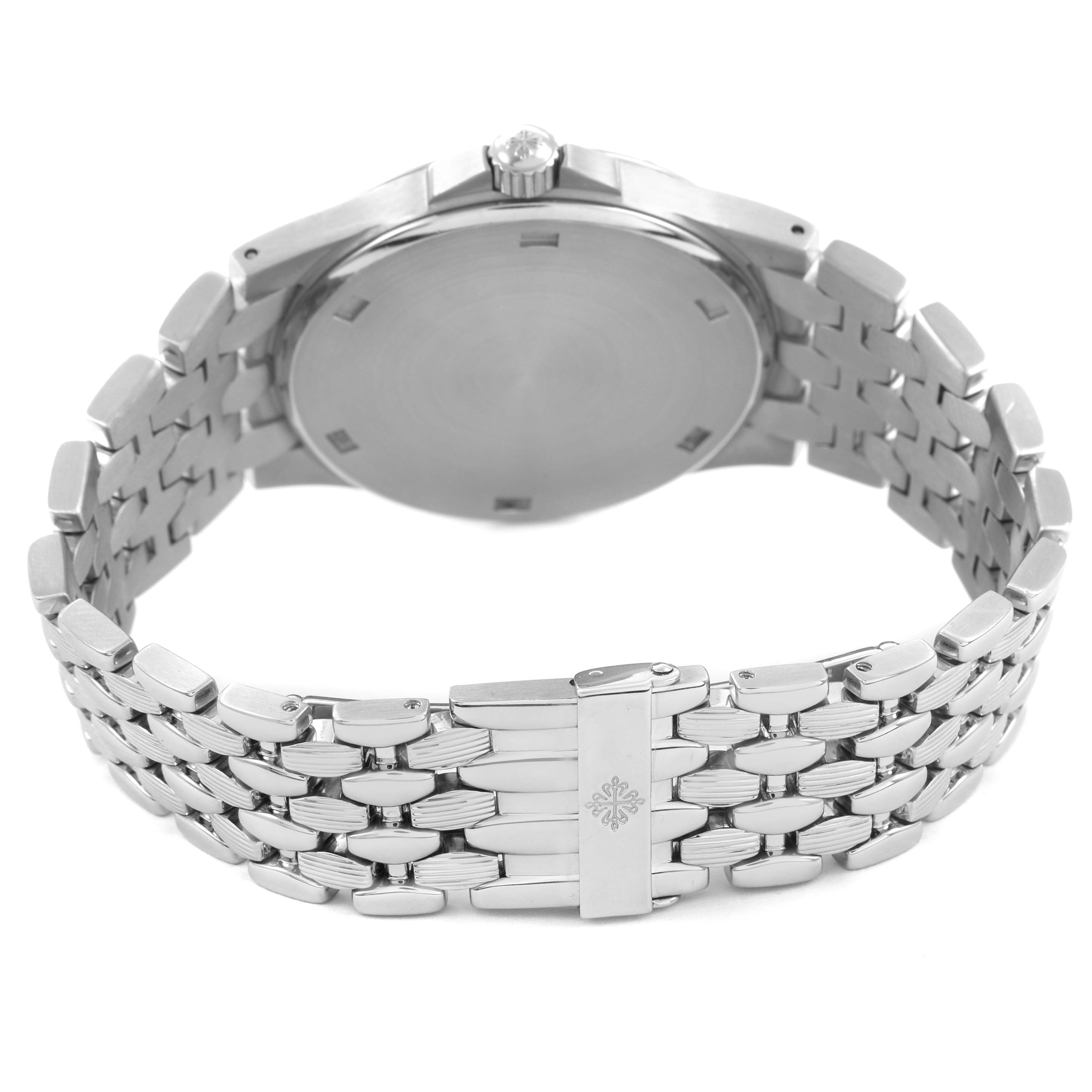 The image shows the back of the Patek Philippe Neptune 5080A Men's Stainless Steel Silver Dial watch, highlighting the bracelet and clasp from a rear angle.