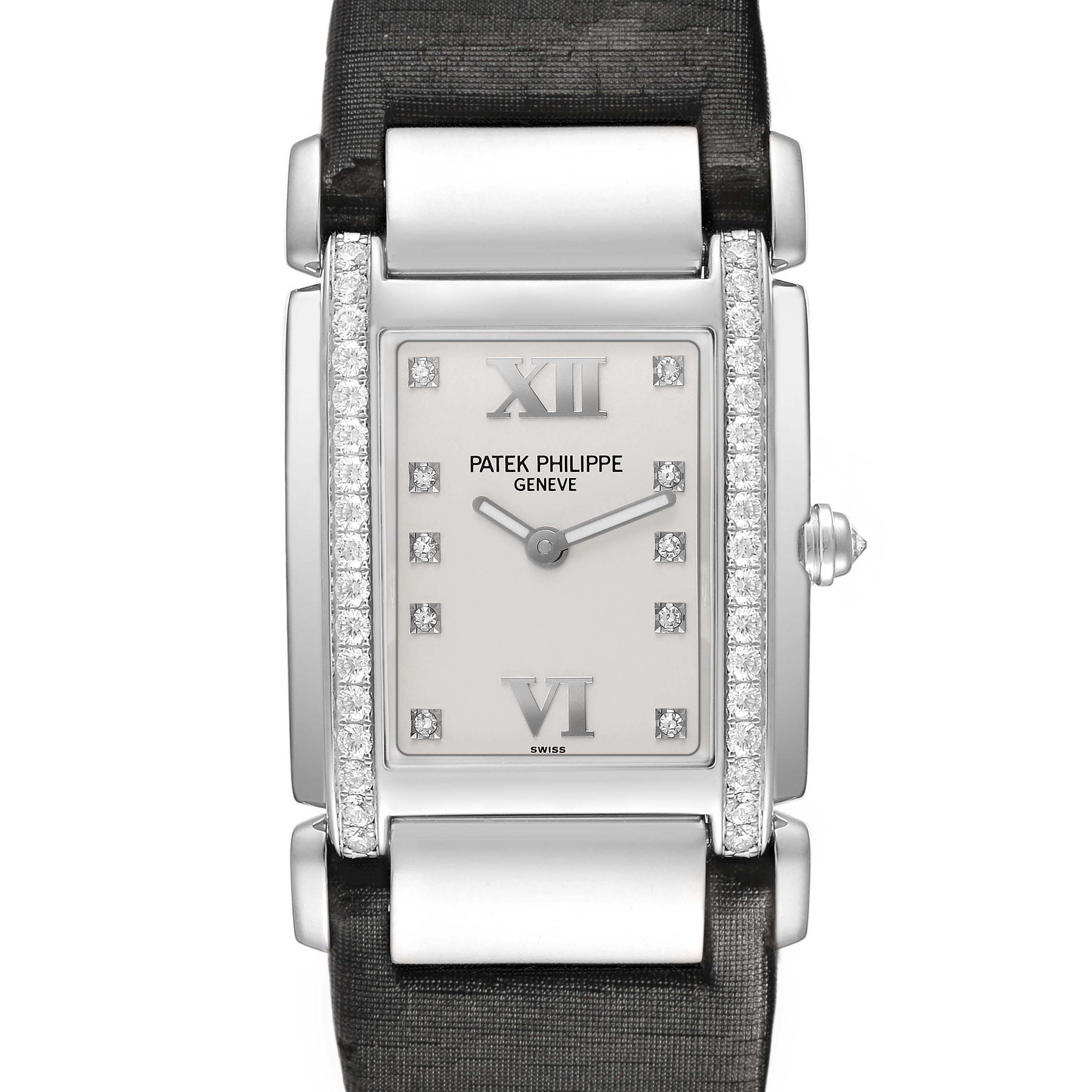 The image shows a front view of the Patek Philippe Twenty-4 4920G Women's White Gold Silver Dial watch, highlighting the rectangular face with diamond accents.