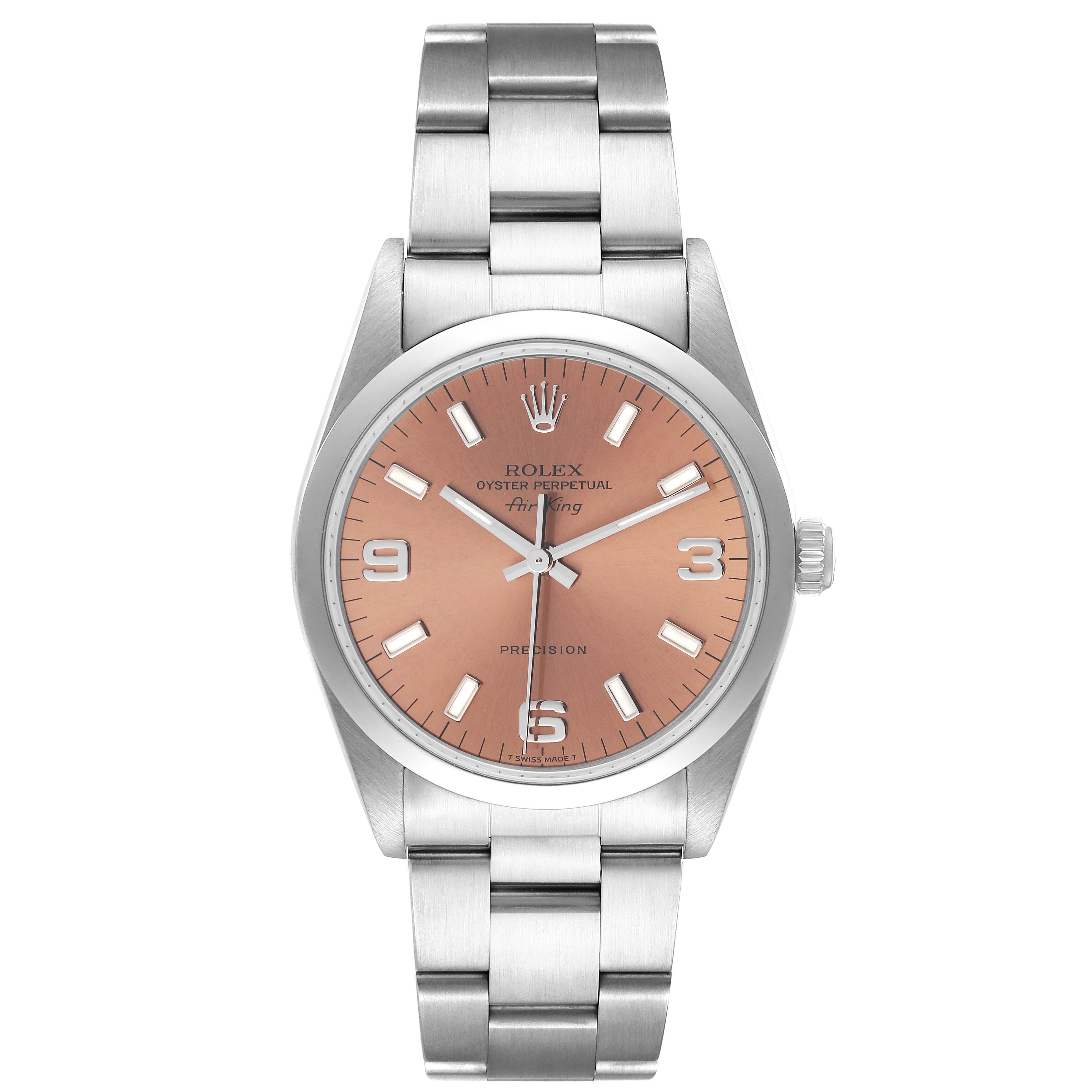 The image shows a front view of the Rolex Air-King 14000 Men's Stainless Steel Pink Dial 14000 Men's Stainless Steel Pink Dial watch, highlighting its dial, case, and bracelet.