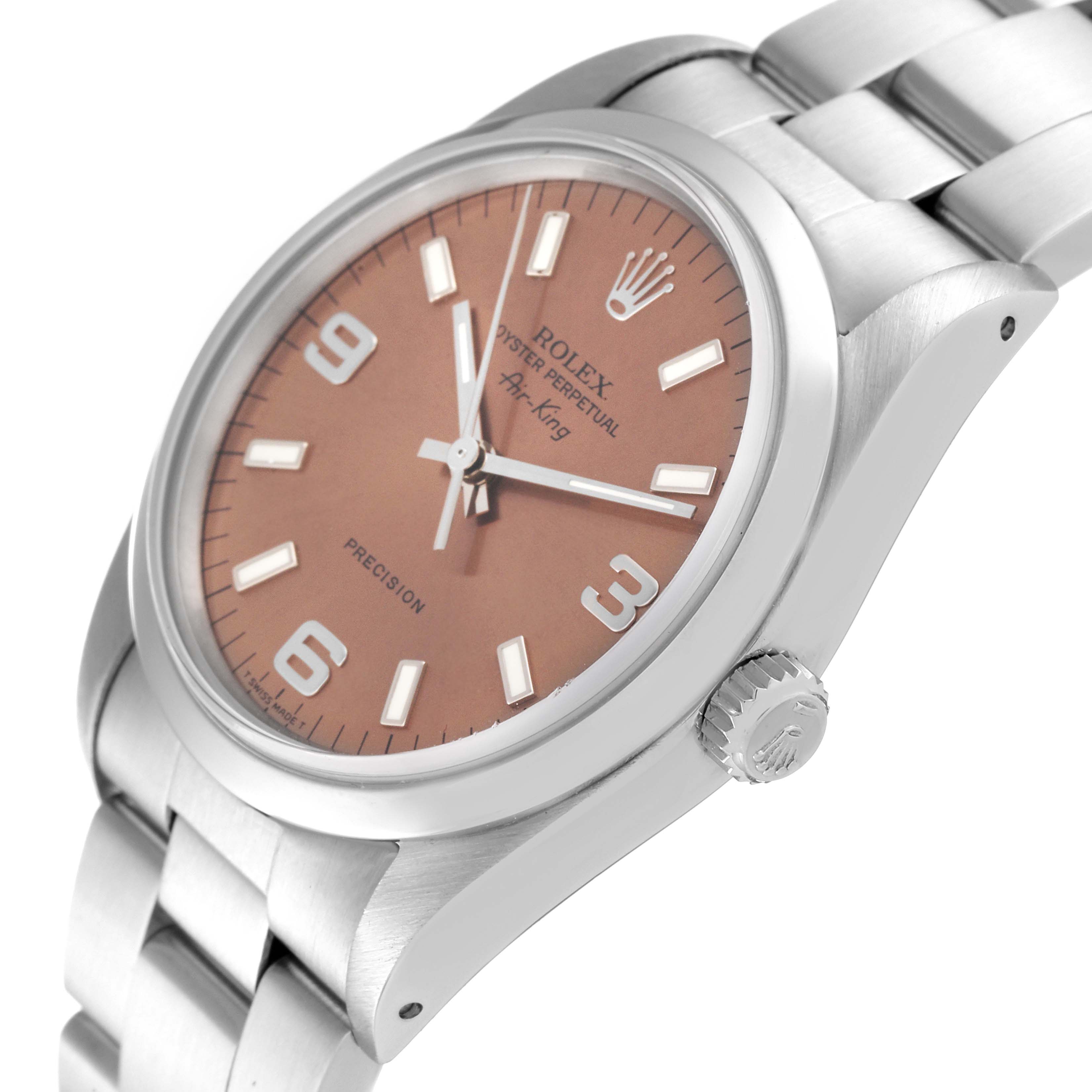 The image shows a Rolex Air-King 14000 Men's Stainless Steel Pink Dial 14000 Men's Stainless Steel Pink Dial watch at a slight angle, featuring its face, crown, and part of the bracelet.