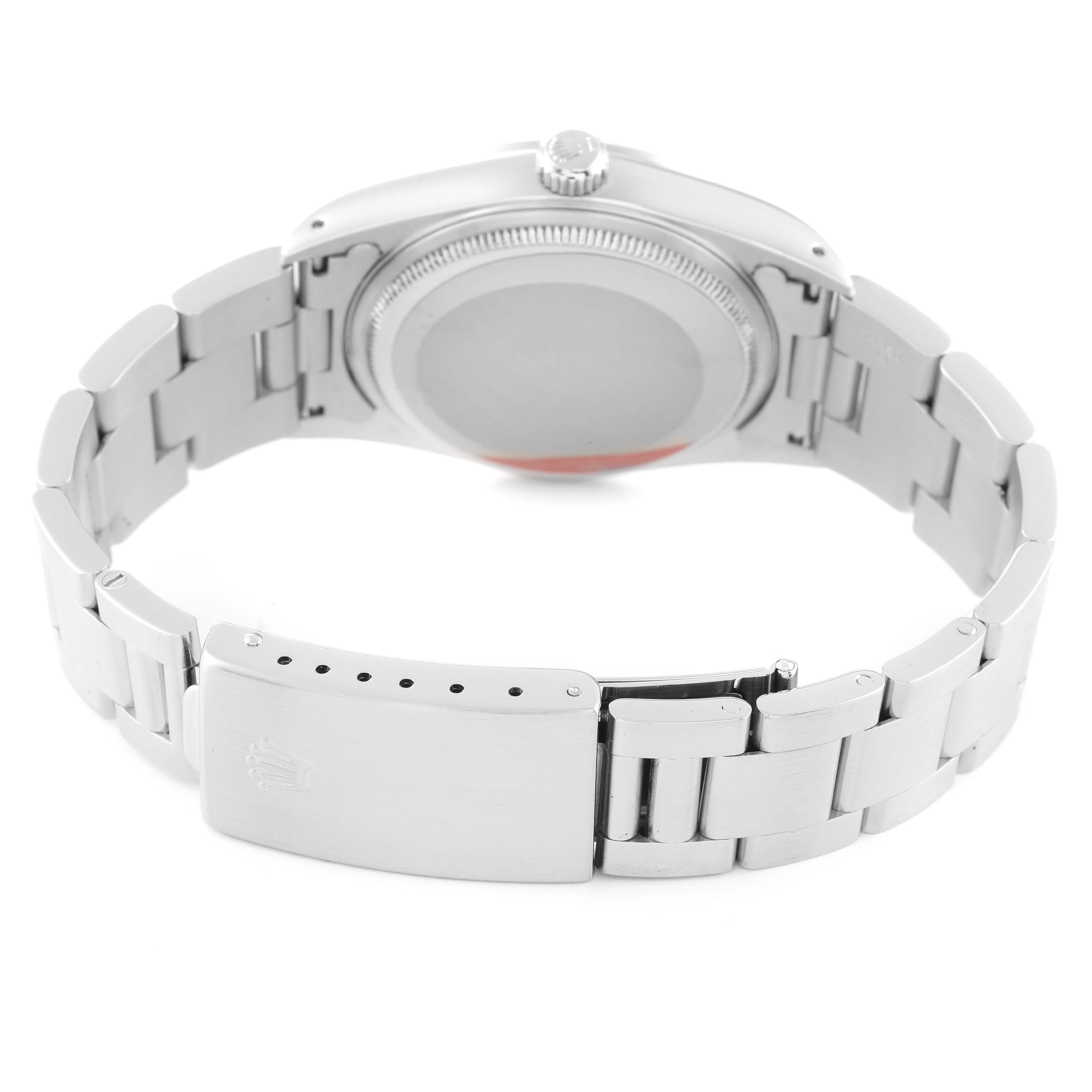 The image shows the back view of a Rolex Air-King 14000 Men's Stainless Steel Pink Dial 14000 Men's Stainless Steel Pink Dial watch, highlighting its bracelet, clasp, and case back.