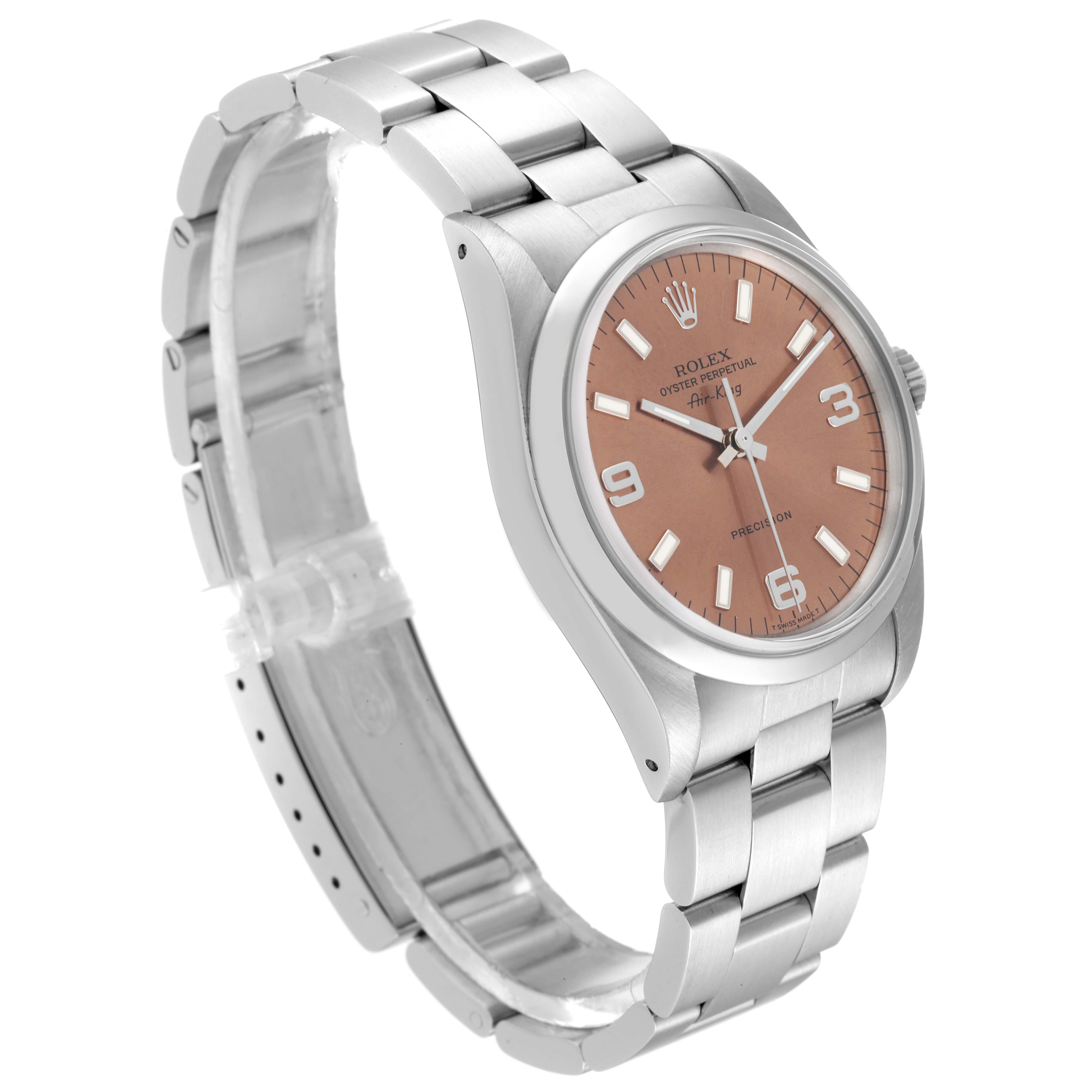 The image shows a Rolex Air-King 14000 Men's Stainless Steel Pink Dial 14000 Men's Stainless Steel Pink Dial watch at a three-quarter angle, displaying its face, case, and bracelet.