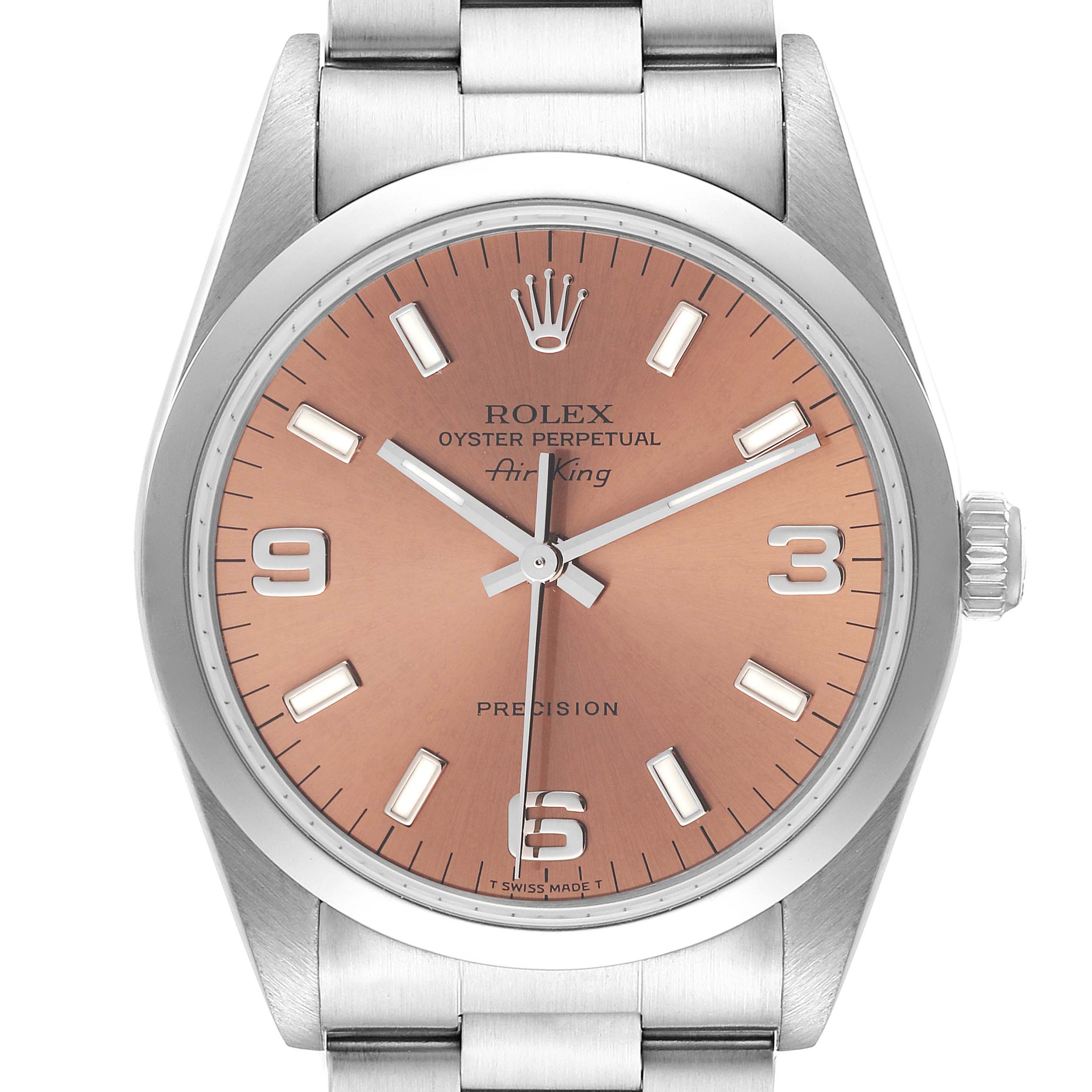 The image shows a front view of a Rolex Air-King 14000 Men's Stainless Steel Pink Dial 14000 Men's Stainless Steel Pink Dial watch, highlighting the dial, hands, crown, and part of the bracelet.