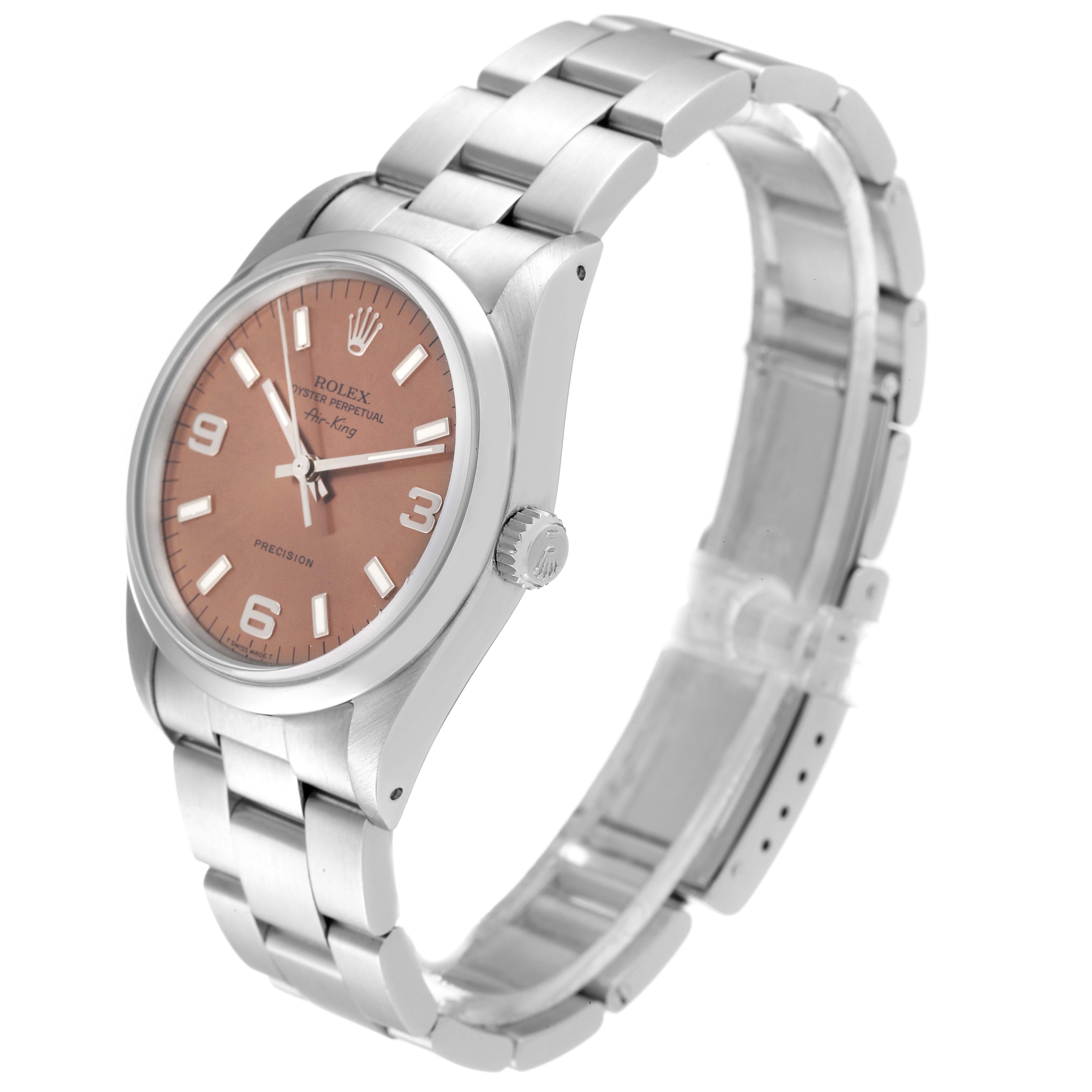 The Rolex Air-King 14000 Men's Stainless Steel Pink Dial 14000 Men's Stainless Steel Pink Dial watch is shown at an angle displaying the dial, crown, and stainless steel bracelet.