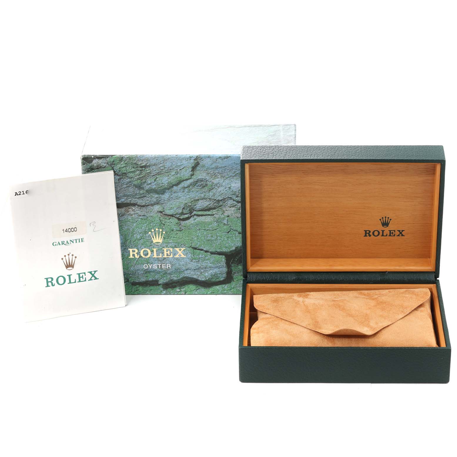 The image shows an open Rolex Air-King 14000 Men's Stainless Steel Black Dial 14000 Men's Stainless Steel Black Dial box, a green outer box, and a warranty booklet.