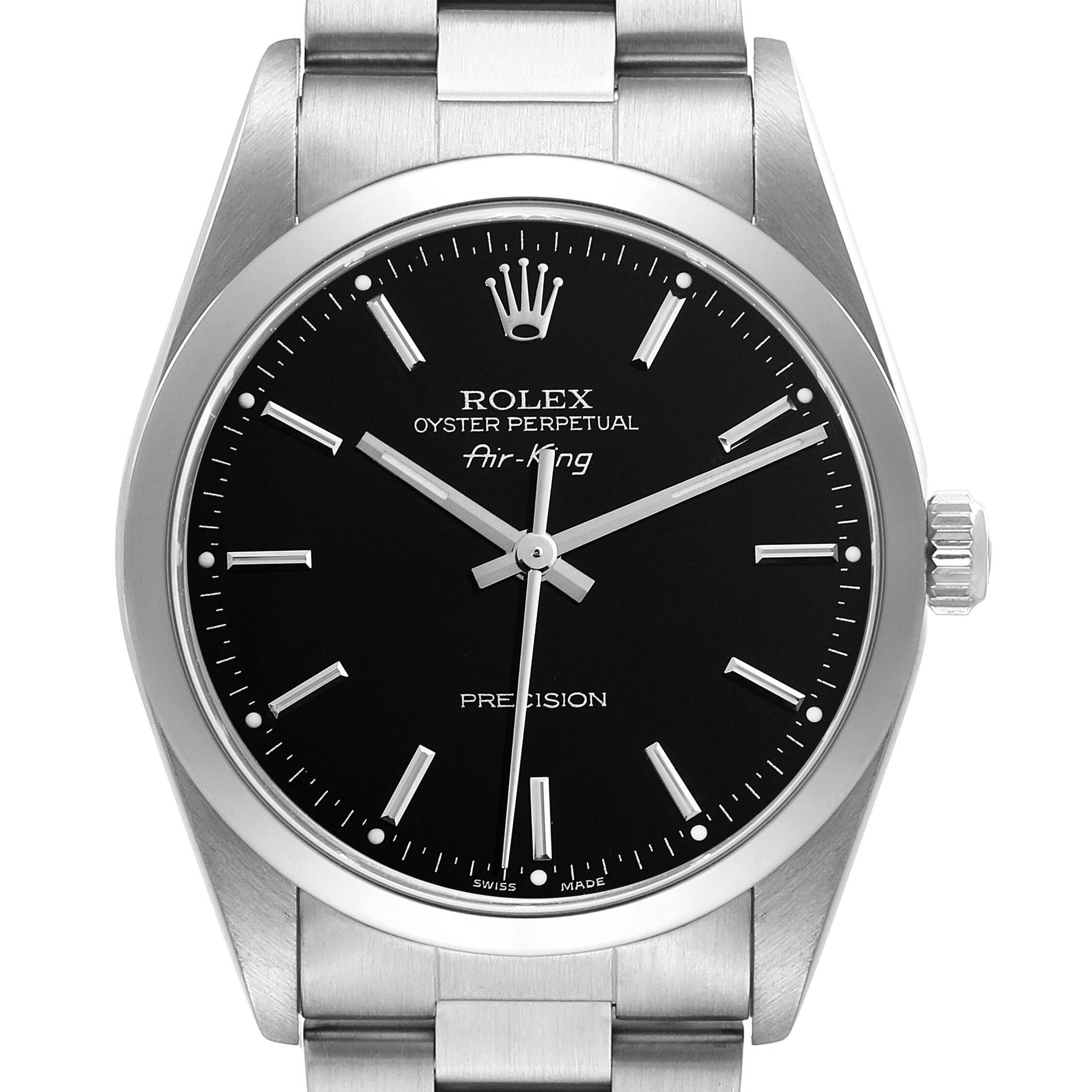 This image shows a frontal view of a Rolex Air-King 14000 Men's Stainless Steel Black Dial 14000 Men's Stainless Steel Black Dial watch, displaying the face, bezel, and part of the bracelet.