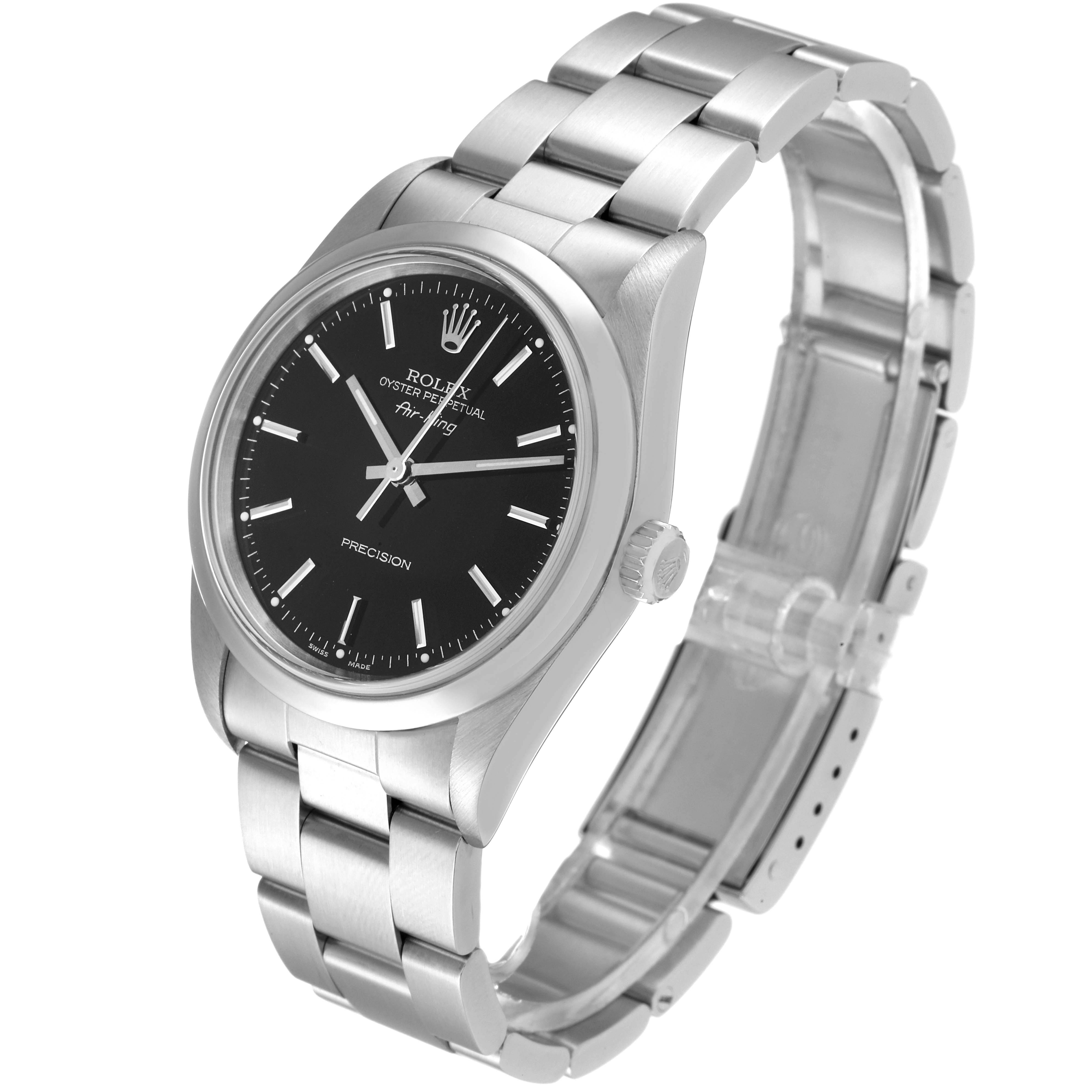 The image shows a Rolex Air-King 14000 Men's Stainless Steel Black Dial 14000 Men's Stainless Steel Black Dial watch at a slight angle, prominently displaying its face, bezel, and bracelet.