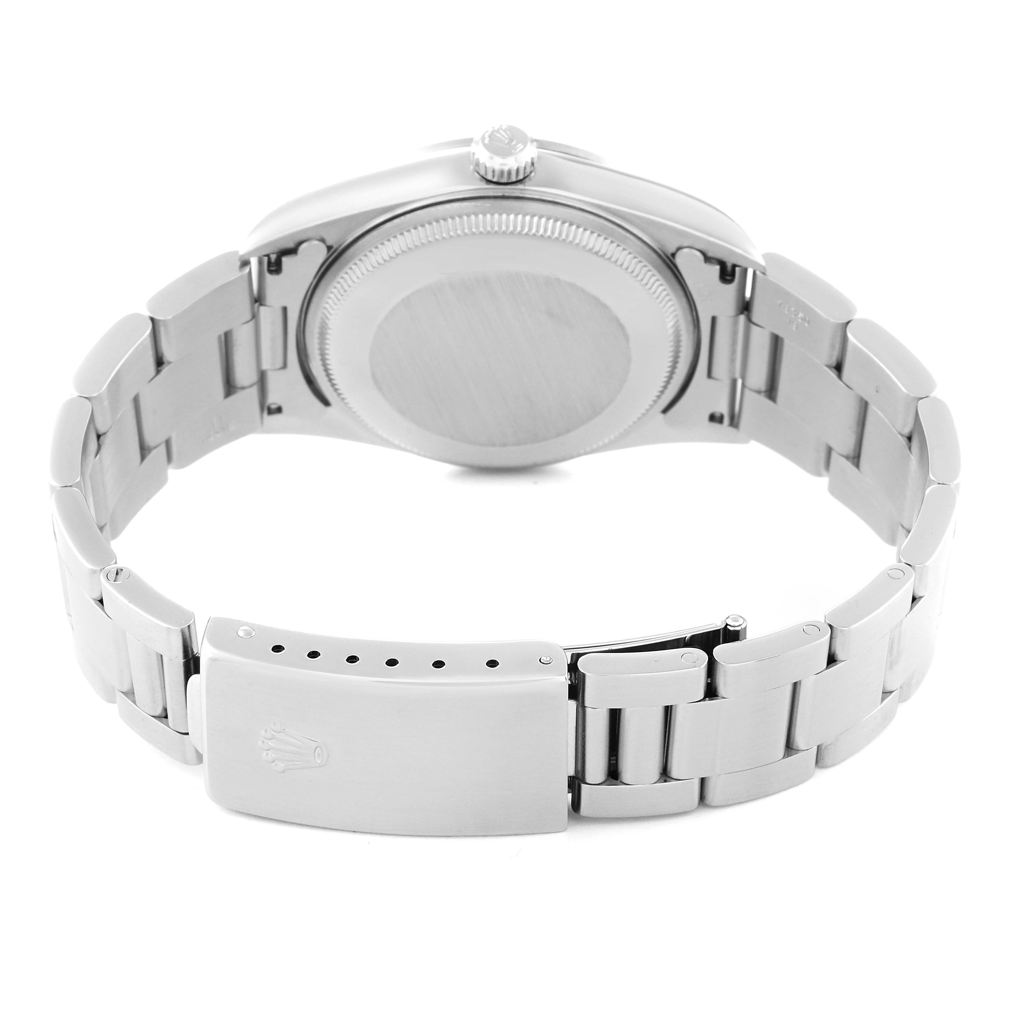 The image shows the back view of a Rolex Air-King 14000 Men's Stainless Steel Black Dial 14000 Men's Stainless Steel Black Dial watch, highlighting the case back and the clasp of the bracelet.