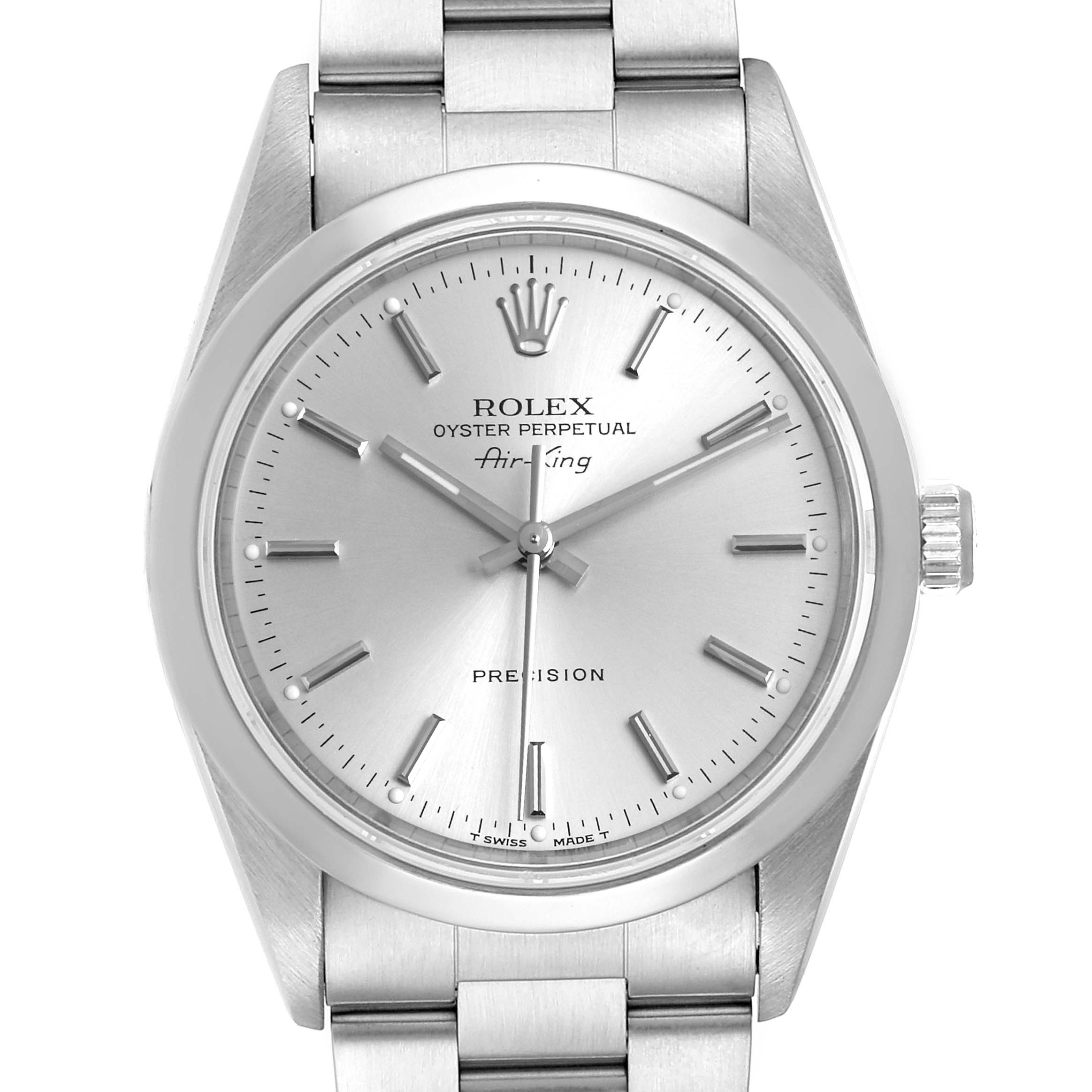 The image shows the front view of a Rolex Air-King 14000 Men's Stainless Steel Silver Dial 14000 Men's Stainless Steel Silver Dial watch, highlighting the dial, case, and bracelet.
