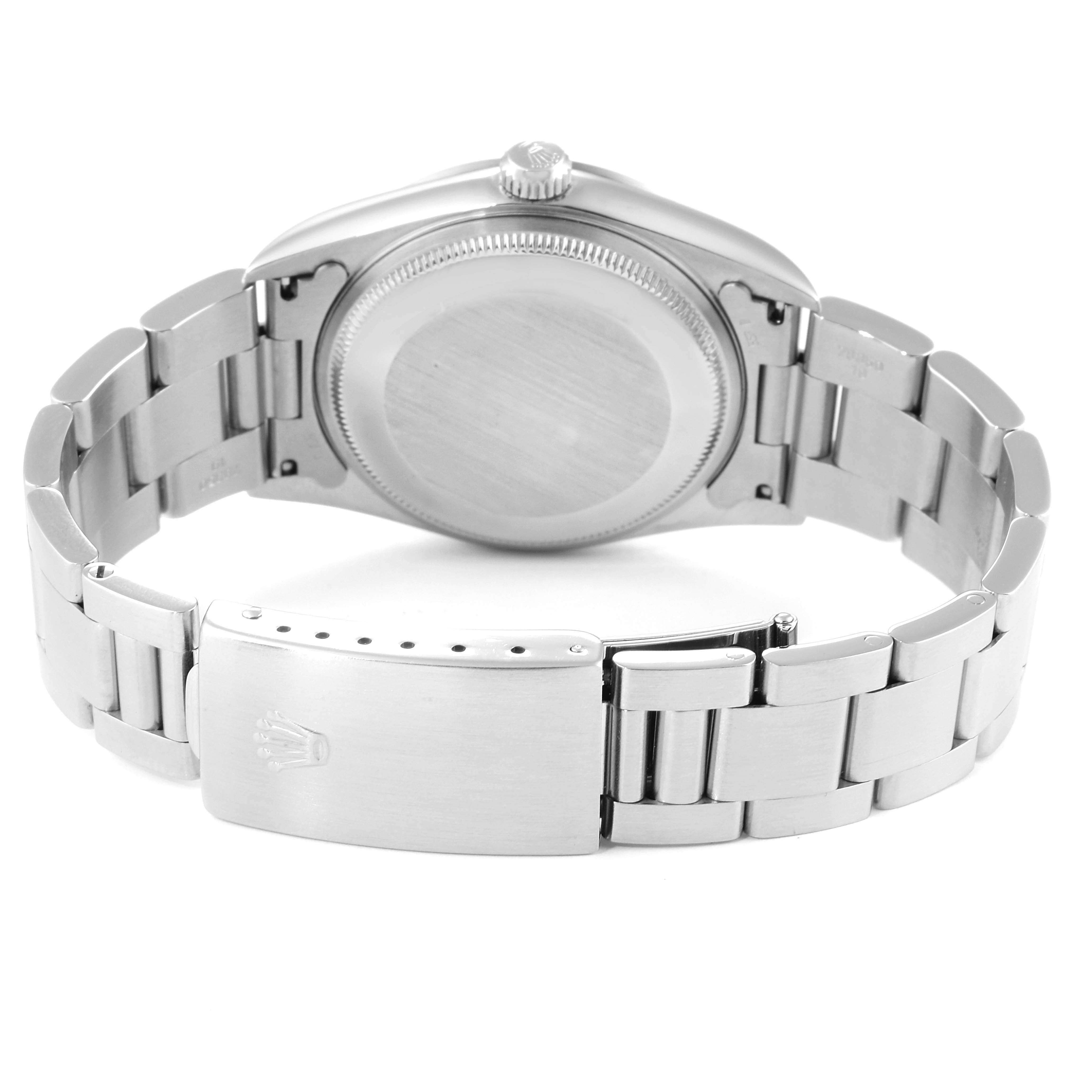 The image shows the back view of the Rolex Air-King 14000 Men's Stainless Steel Silver Dial 14000 Men's Stainless Steel Silver Dial watch, focusing on the case back, crown, and bracelet clasp.