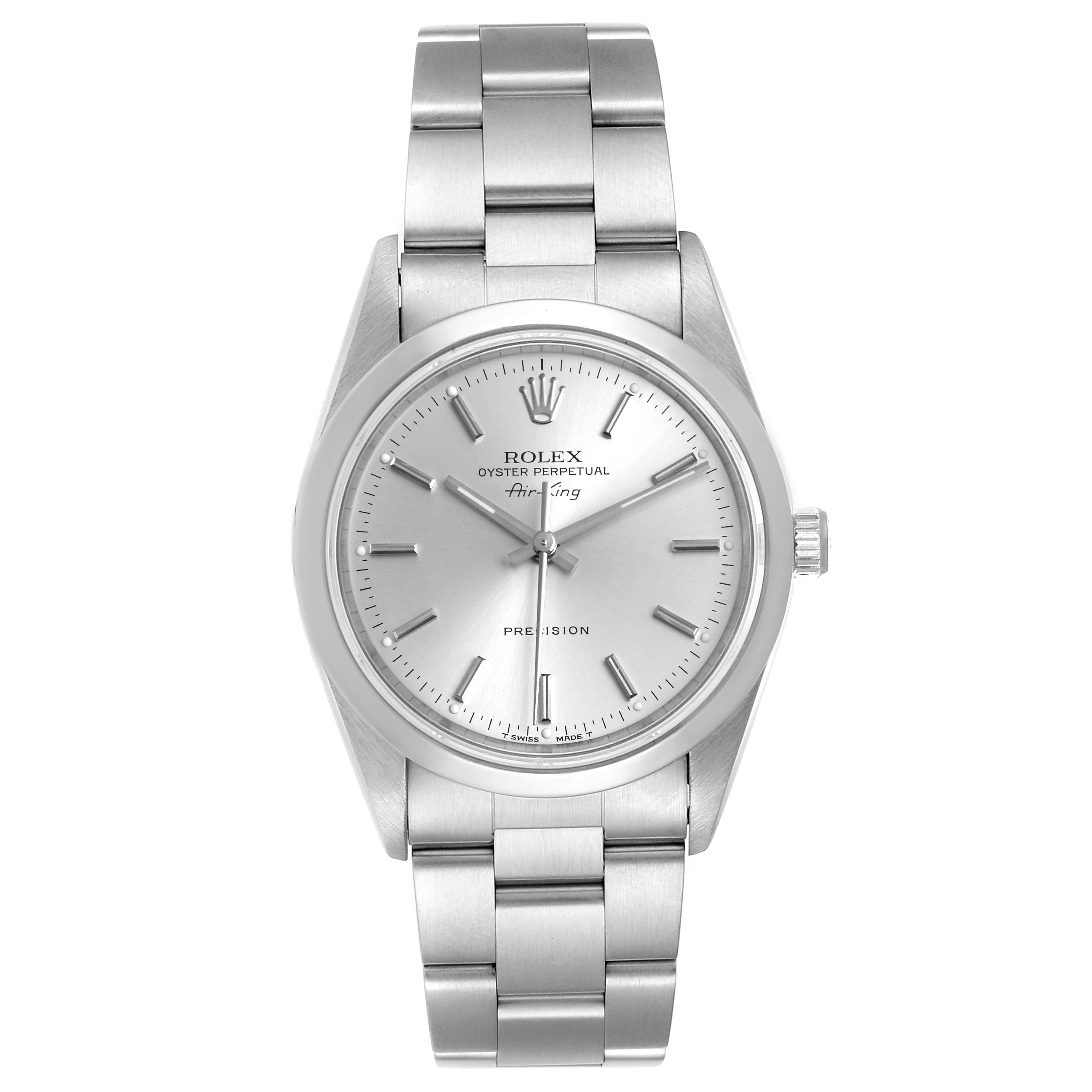 The image shows a front view of a Rolex Air-King 14000 Men's Stainless Steel Silver Dial 14000 Men's Stainless Steel Silver Dial watch, displaying the dial, bezel, and bracelet.