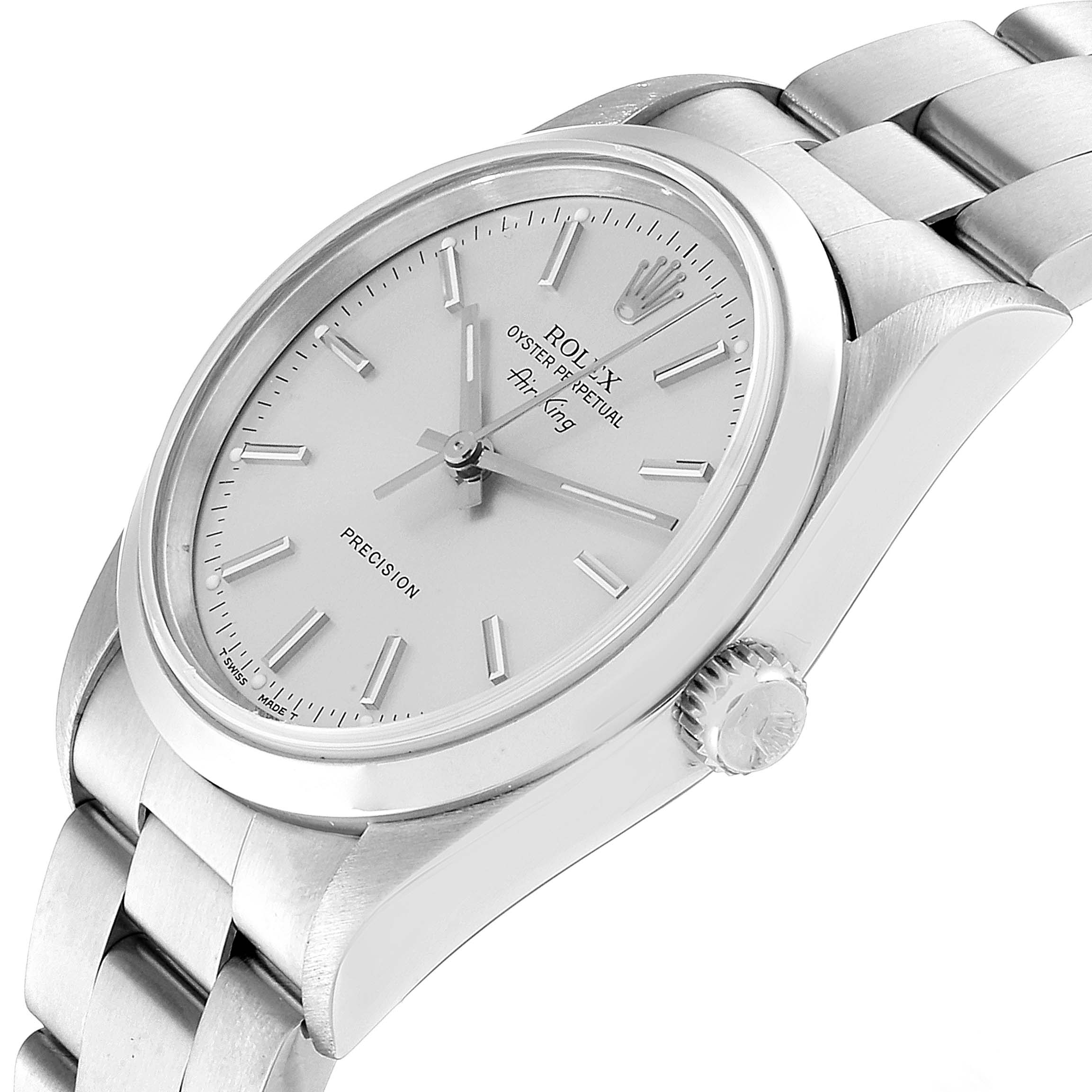 This image shows the Rolex Air-King 14000 Men's Stainless Steel Silver Dial 14000 Men's Stainless Steel Silver Dial watch at a three-quarter angle, highlighting its dial, bezel, bracelet, and crown.