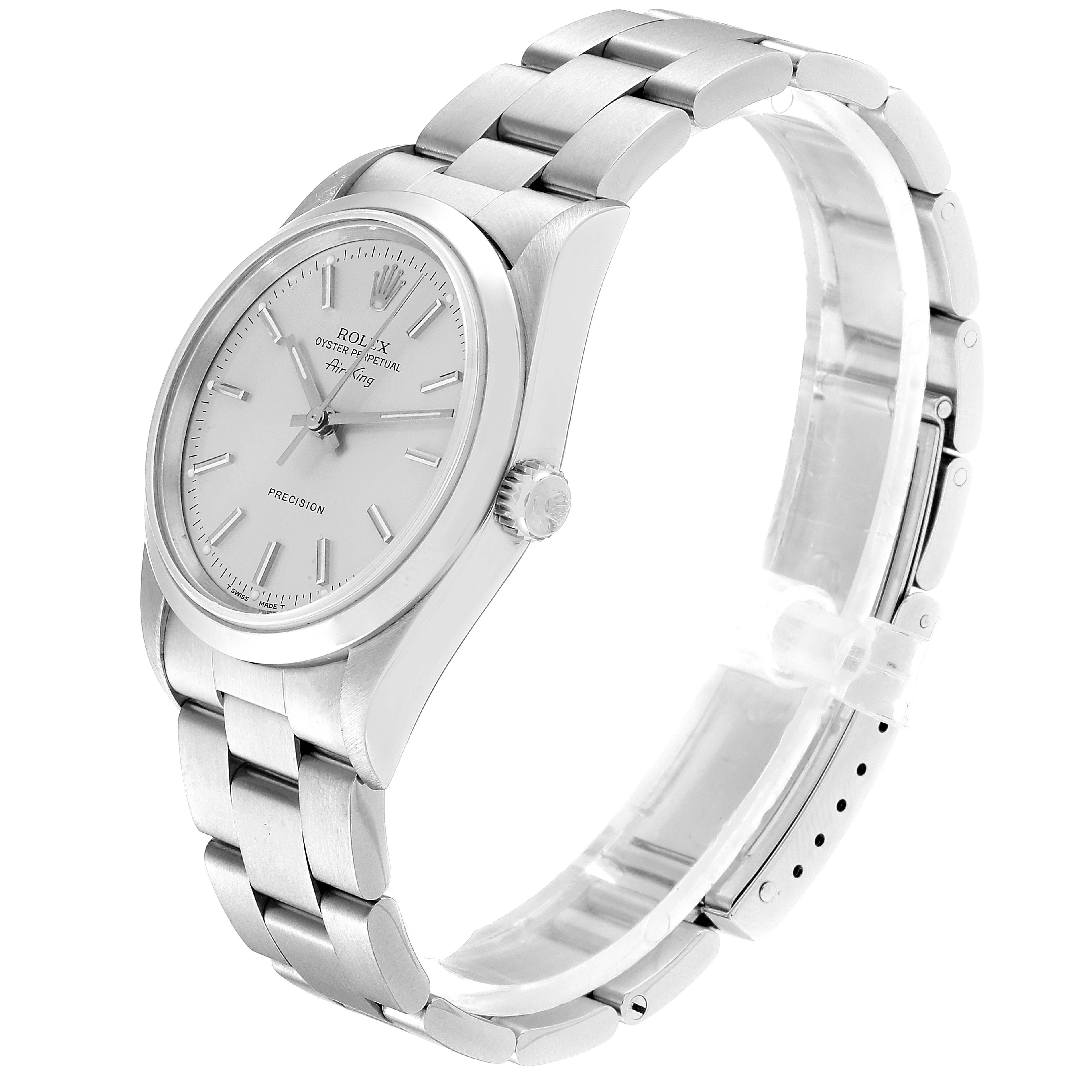 The Rolex Air-King 14000 Men's Stainless Steel Silver Dial 14000 Men's Stainless Steel Silver Dial watch is shown at a three-quarters side angle, displaying the dial, crown, and metal bracelet.