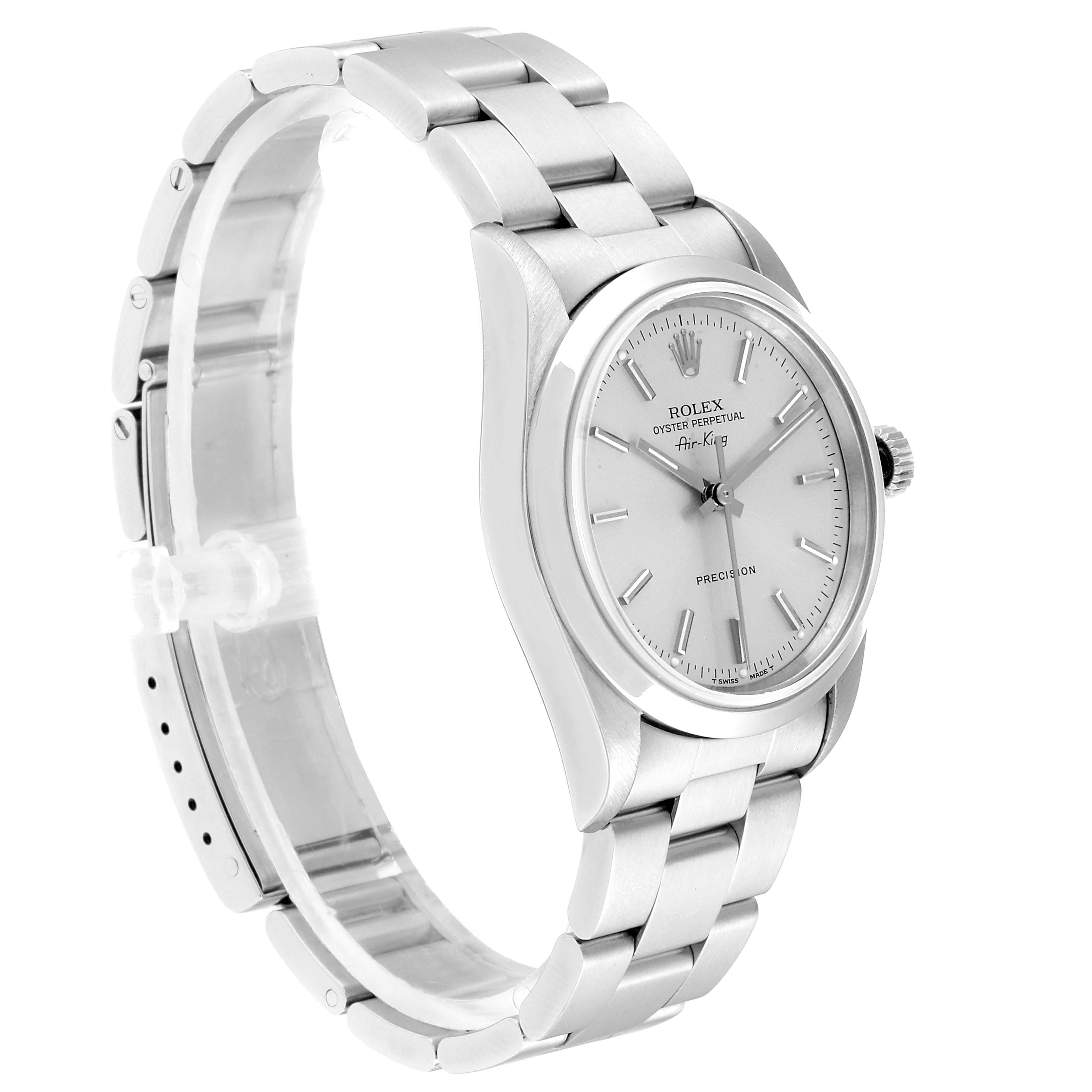 The Rolex Air-King 14000 Men's Stainless Steel Silver Dial 14000 Men's Stainless Steel Silver Dial watch is shown at a slight angle, displaying its face, crown, and bracelet.