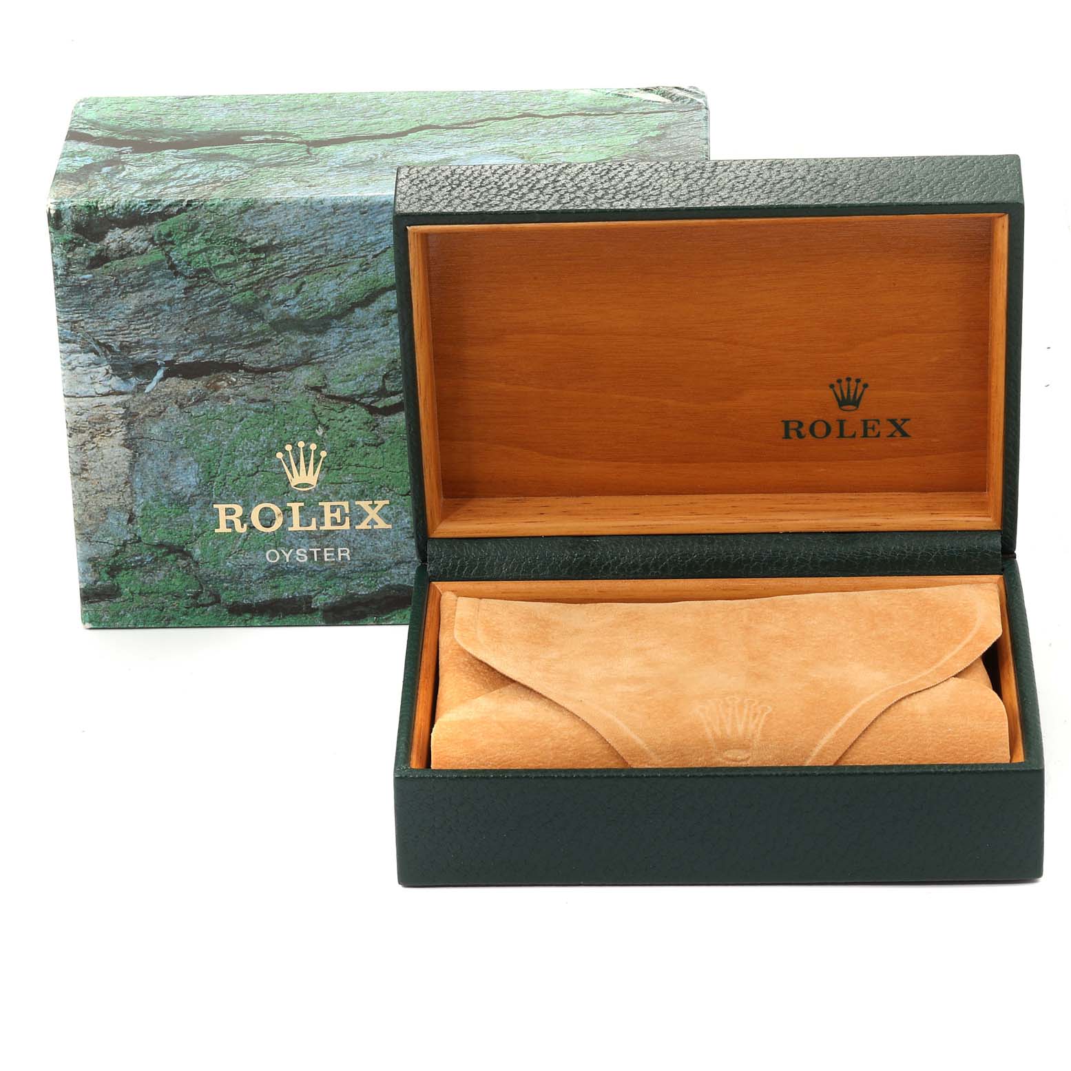 The image shows a Rolex Air-King 14000 Men's Stainless Steel Silver Dial 14000 Men's Stainless Steel Silver Dial watch box and its leather pouch, both opened to display their interiors.