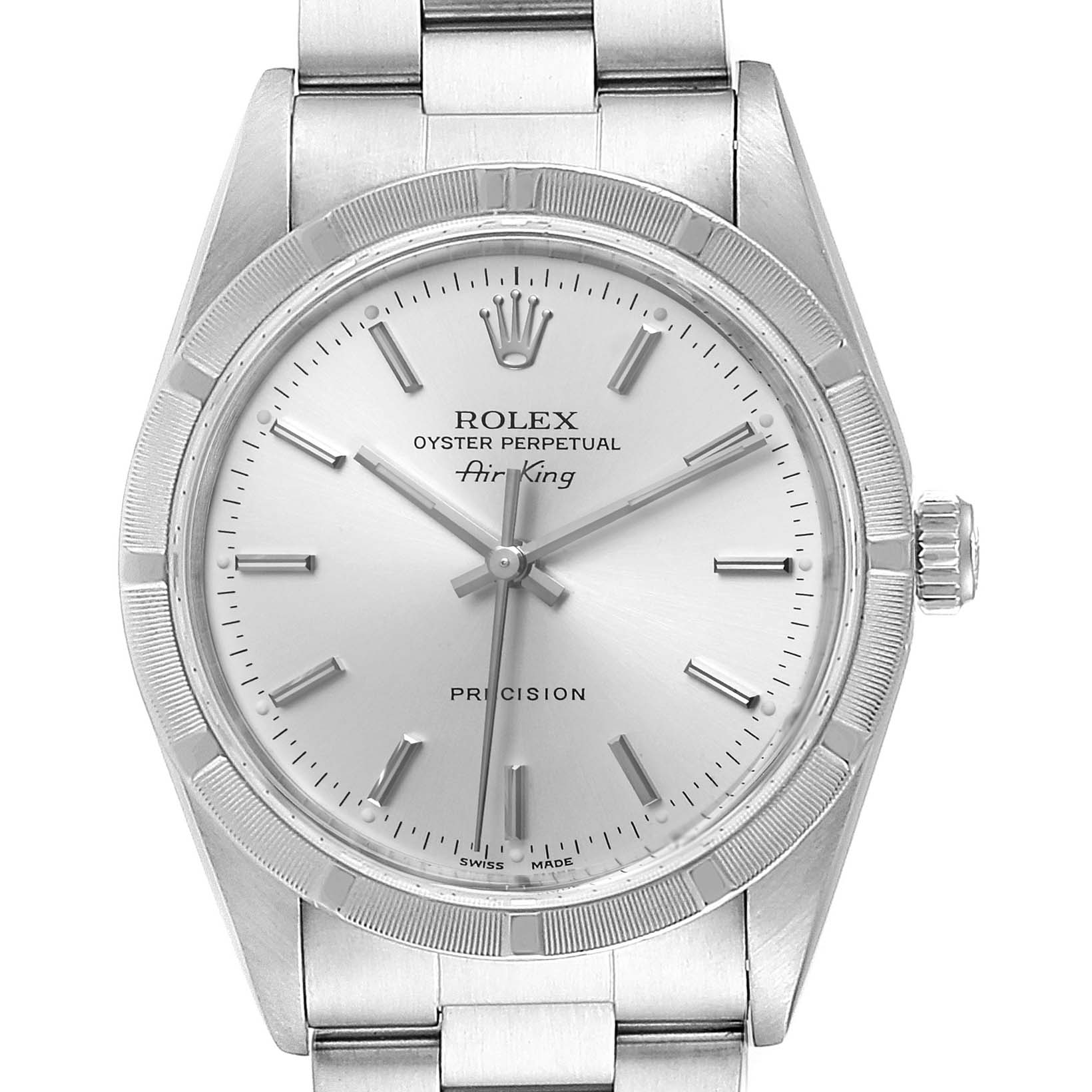 The Rolex Air-King 14010 Men's Stainless Steel Silver Dial 14010 Men's Stainless Steel Silver Dial watch is shown from a front-facing angle, displaying the dial, bezel, crown, and part of the bracelet.