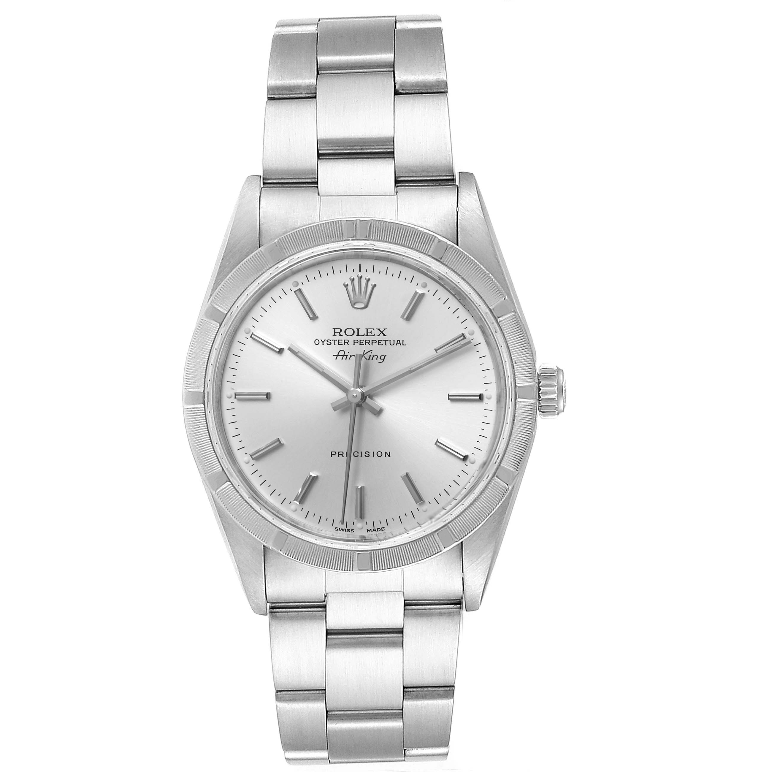 The image shows a front view of the Rolex Air-King 14010 Men's Stainless Steel Silver Dial 14010 Men's Stainless Steel Silver Dial watch, displaying its face, bezel, bracelet, and crown.