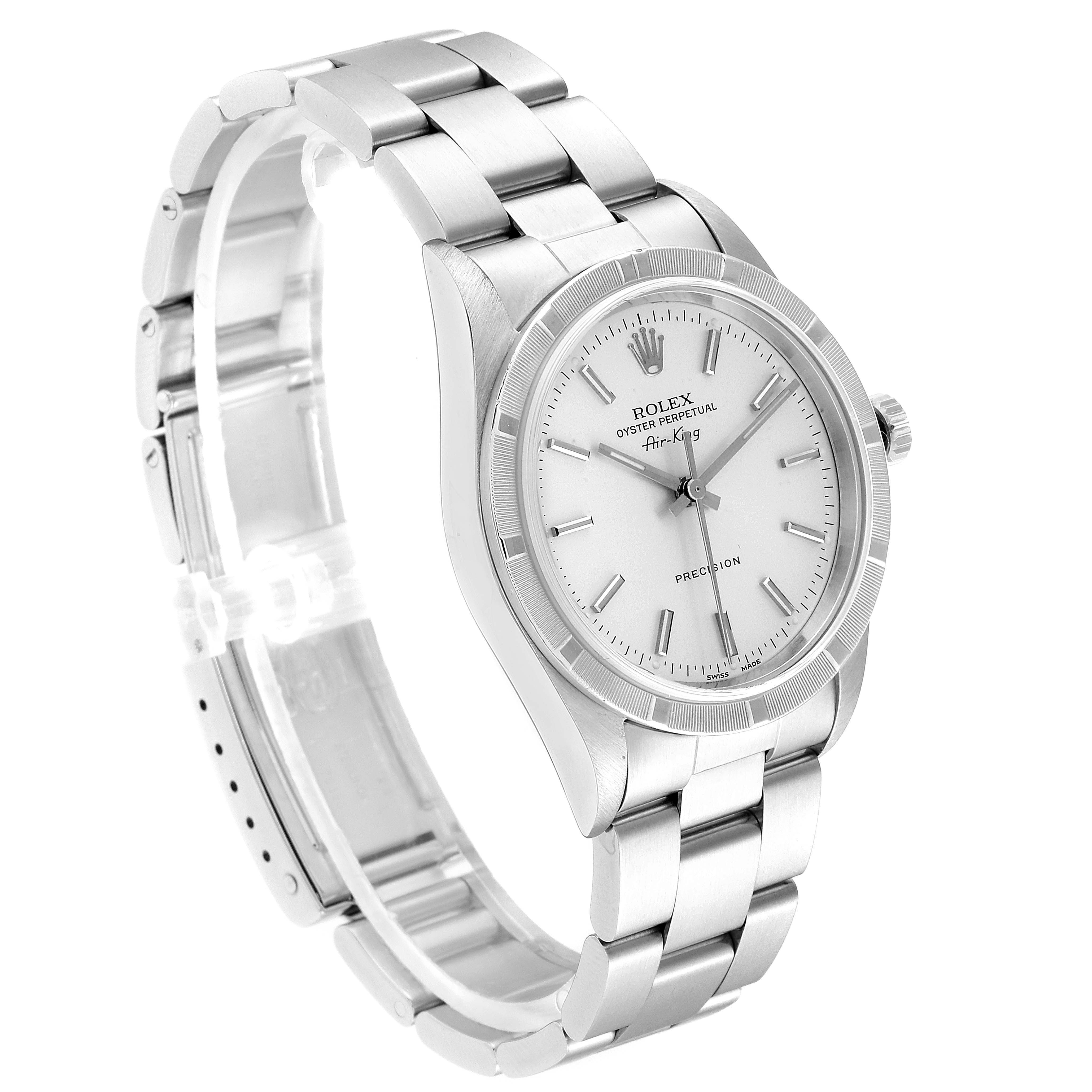 The Rolex Air-King 14010 Men's Stainless Steel Silver Dial 14010 Men's Stainless Steel Silver Dial watch is shown at a slight angle, displaying its dial, bracelet, and crown.