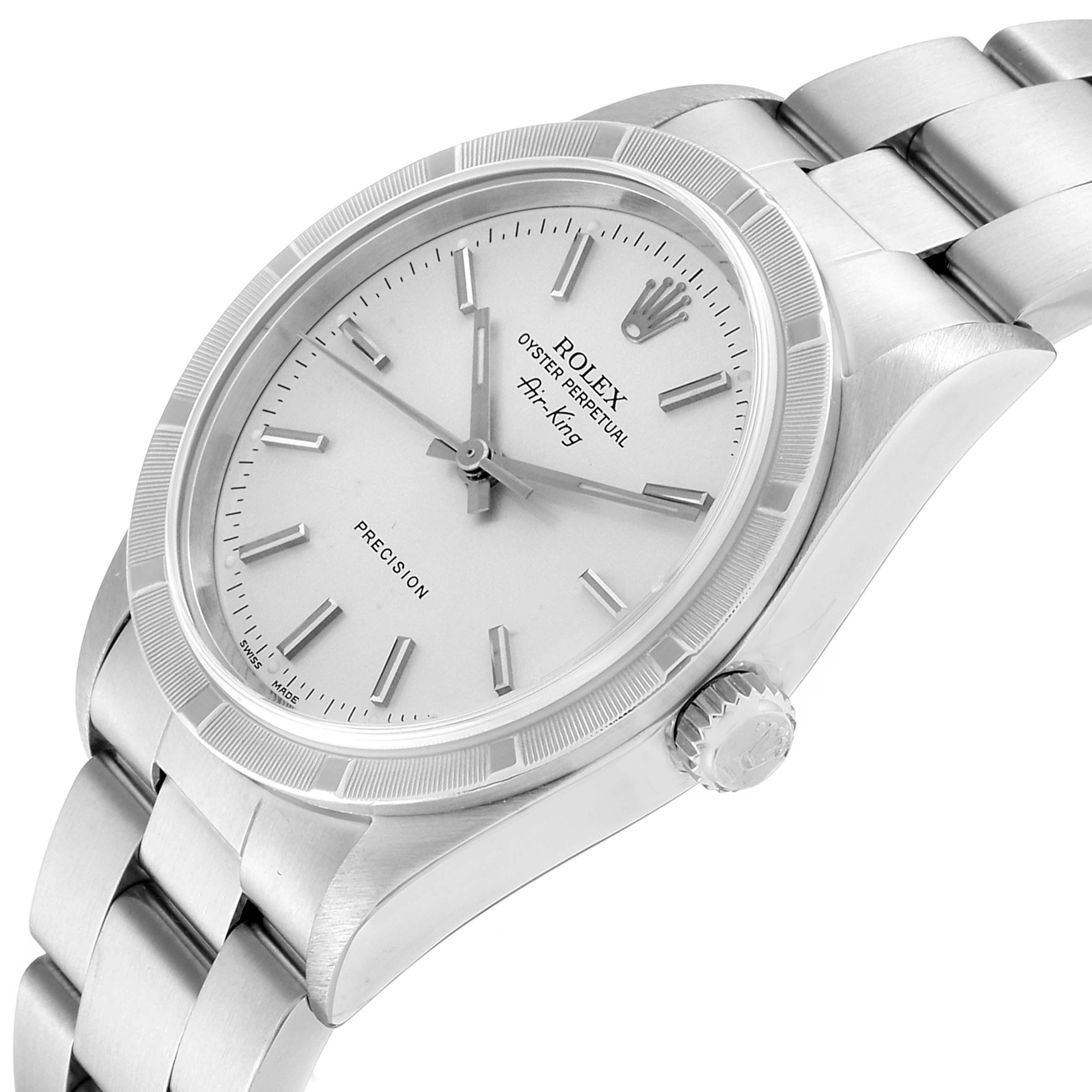 The image shows a Rolex Air-King 14010 Men's Stainless Steel Silver Dial 14010 Men's Stainless Steel Silver Dial watch at an angled view, highlighting the dial, crown, case, and part of the bracelet.