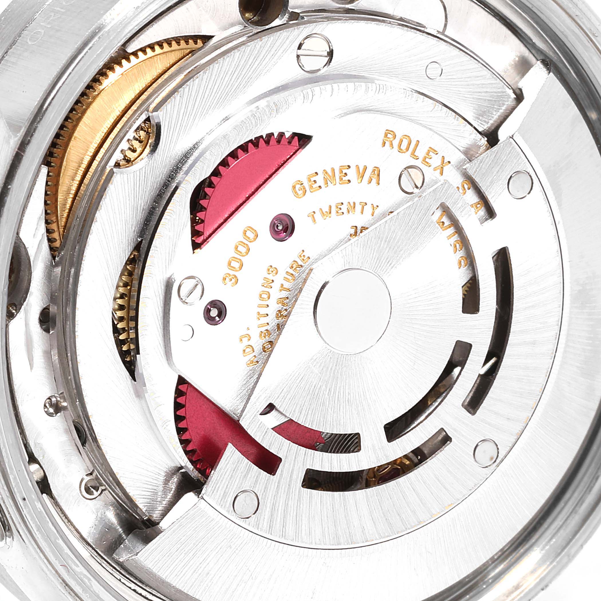This is a close-up view of the interior mechanism and movement parts of a Rolex Air-King 14010 Men's Stainless Steel Silver Dial 14010 Men's Stainless Steel Silver Dial watch.