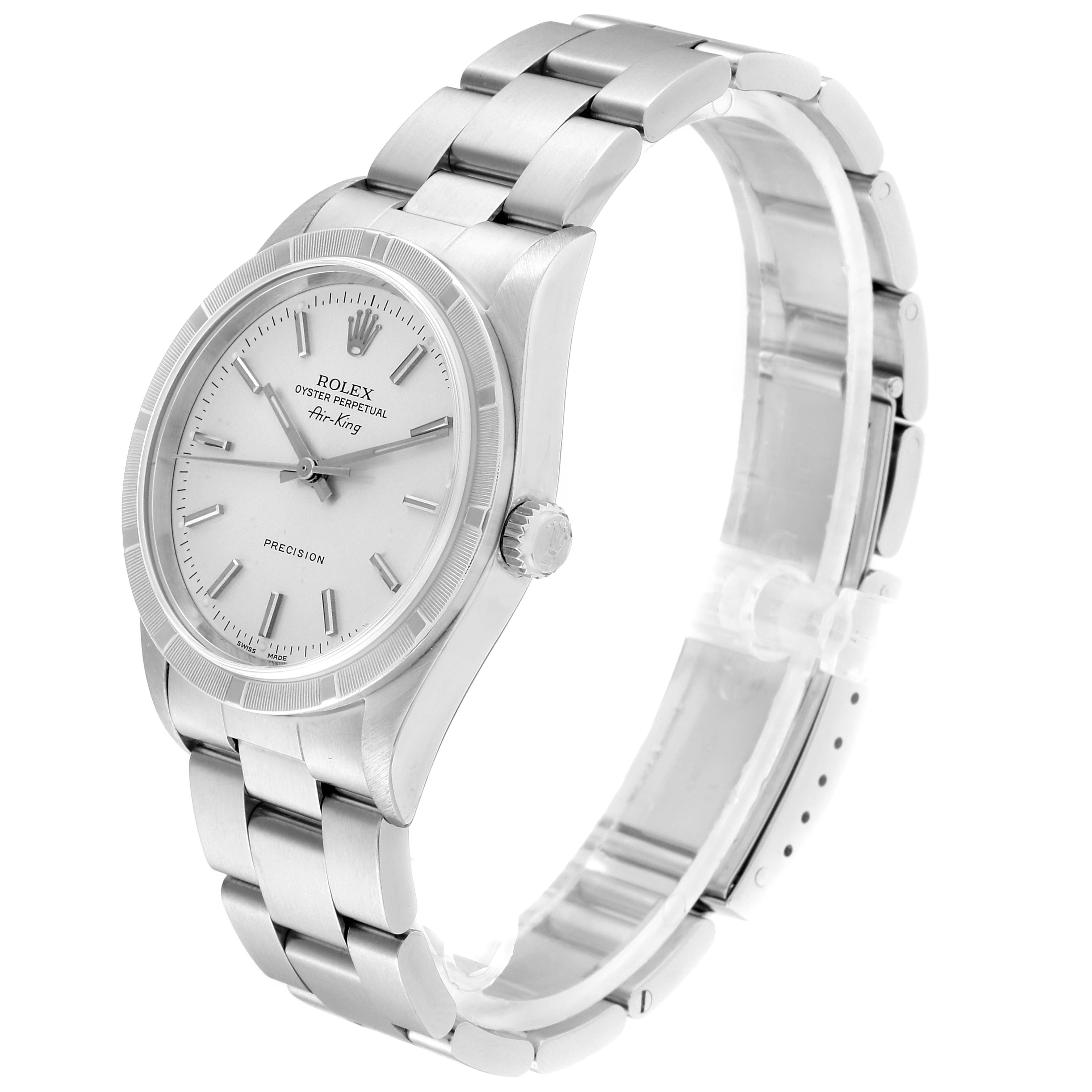 The Rolex Air-King 14010 Men's Stainless Steel Silver Dial 14010 Men's Stainless Steel Silver Dial watch is shown at an oblique angle, displaying the face, bezel, crown, and bracelet.