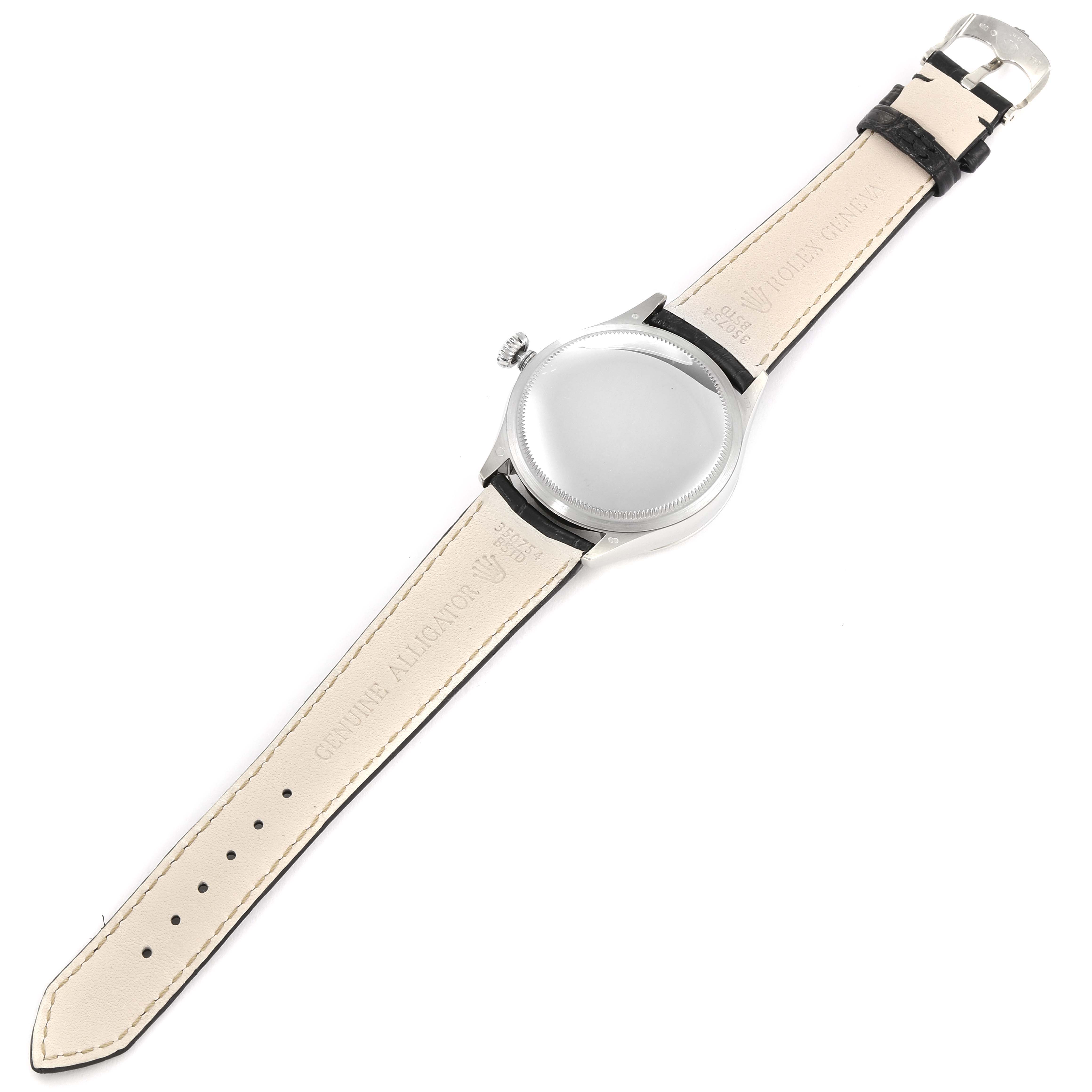 The image shows the backside of the Rolex Cellini 50519 Men's White Gold Black Dial 50519 Men's White Gold Black Dial watch, highlighting the leather strap and the back of the watch case.