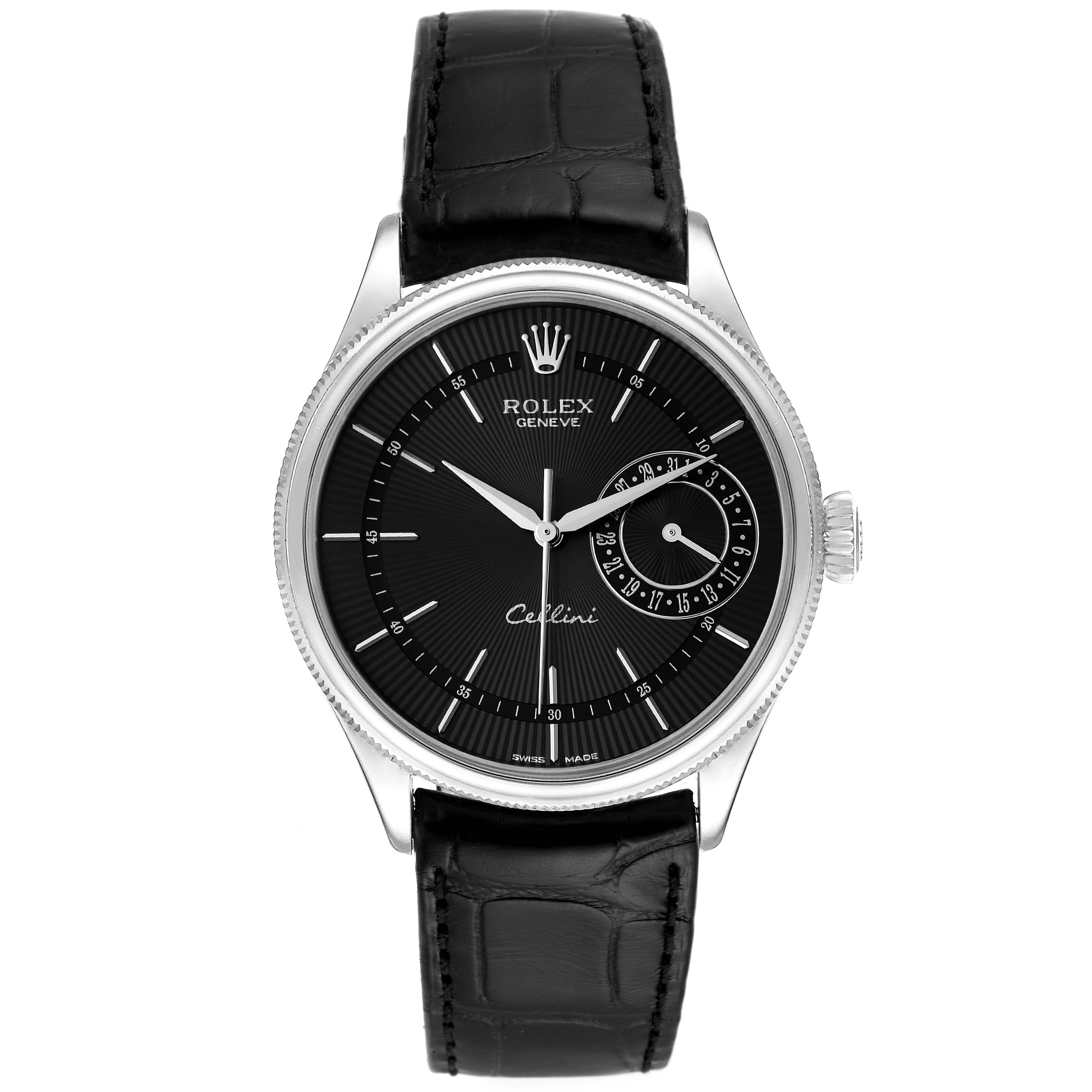 The image shows a front view of a Rolex Cellini 50519 Men's White Gold Black Dial 50519 Men's White Gold Black Dial watch, highlighting its black dial, silver indices, leather strap, and crown.