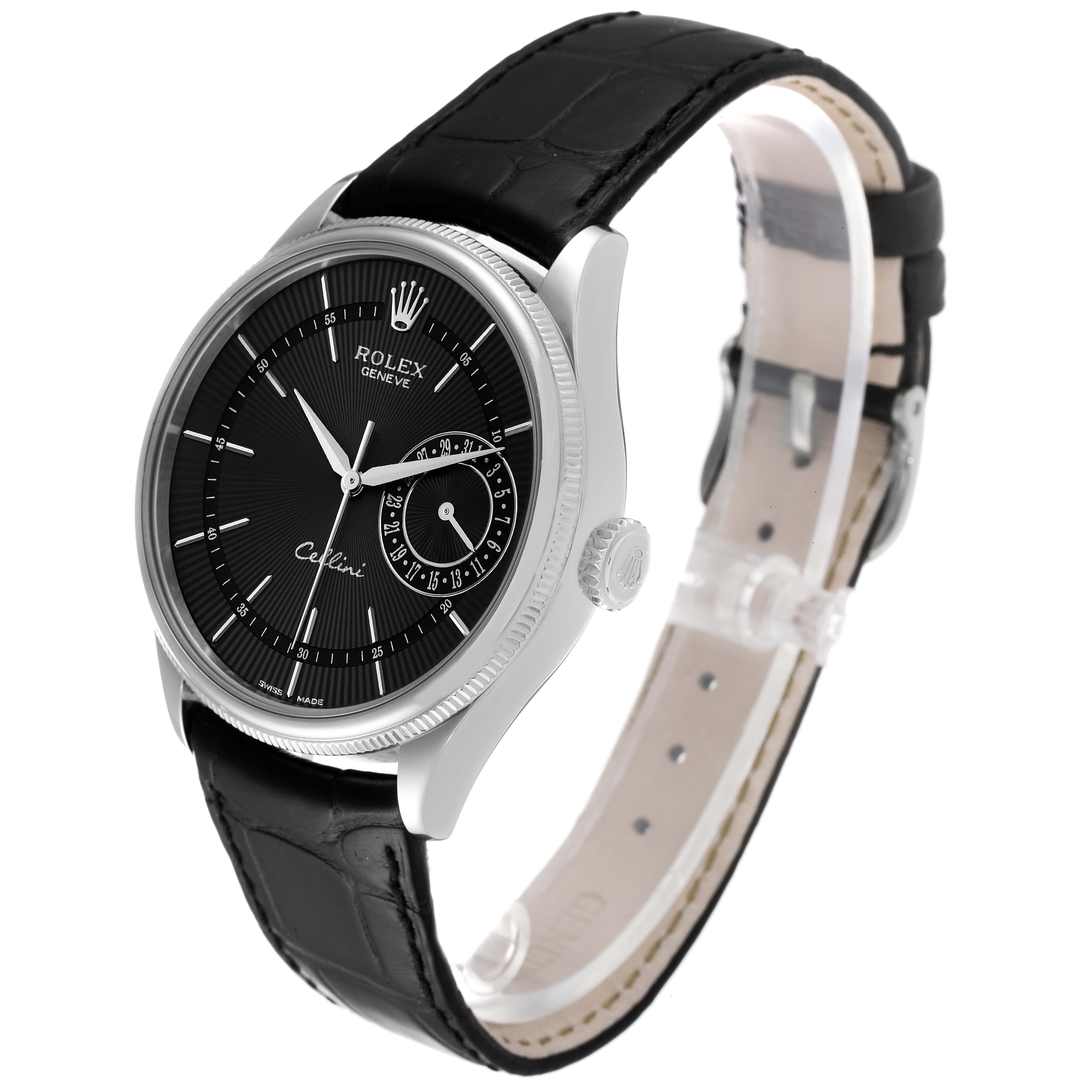 The image shows a Rolex Cellini 50519 Men's White Gold Black Dial 50519 Men's White Gold Black Dial watch at a slight angle, highlighting its black dial, silver bezel, crown, and leather strap.