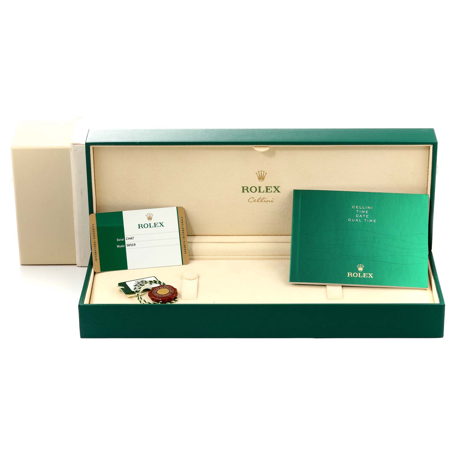 This image shows the box and accessories for a Rolex Cellini 50519 Men's White Gold Black Dial 50519 Men's White Gold Black Dial watch, including manuals and a warranty card.