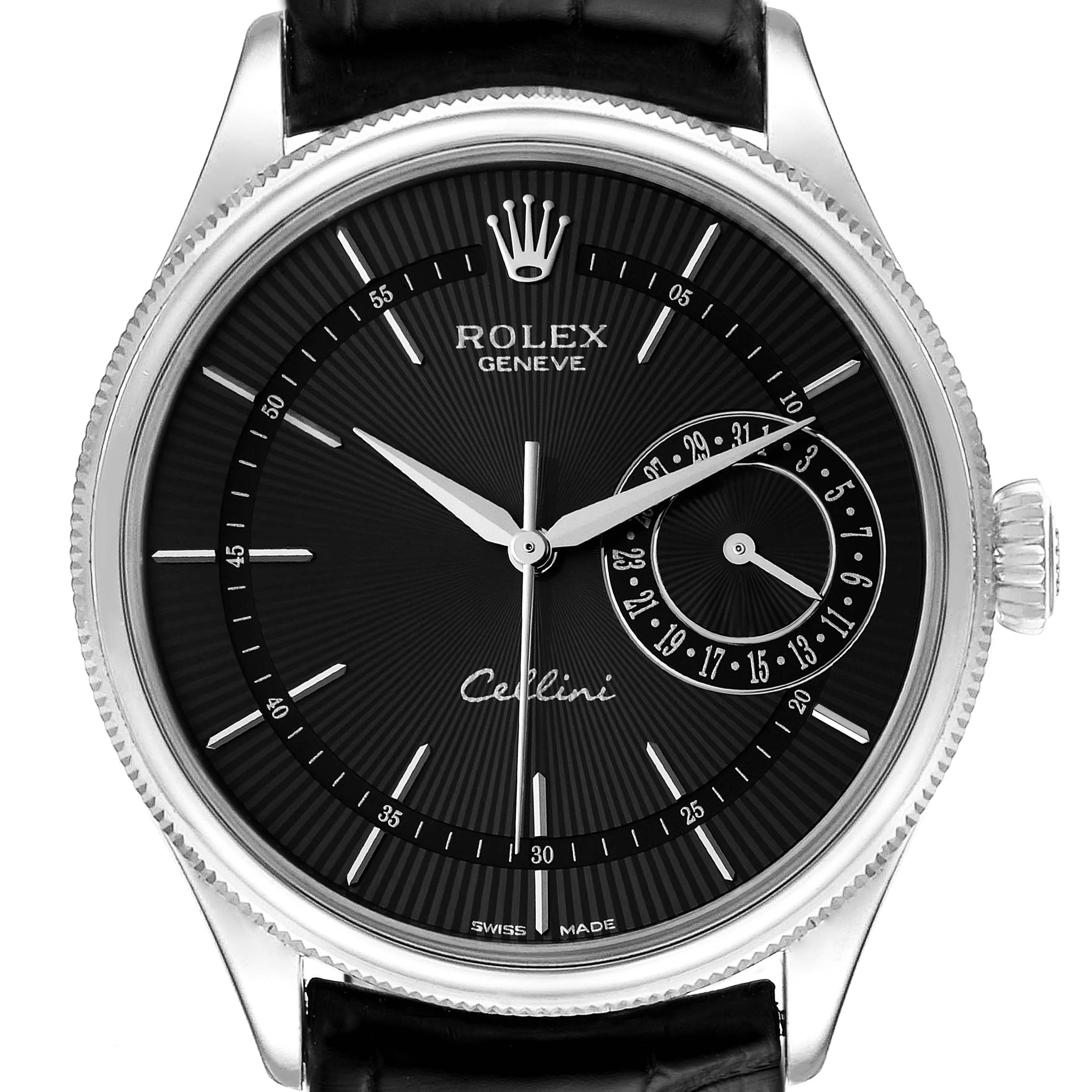 The image shows a front view of a Rolex Cellini 50519 Men's White Gold Black Dial 50519 Men's White Gold Black Dial watch, highlighting the dial, crown, and part of the strap.