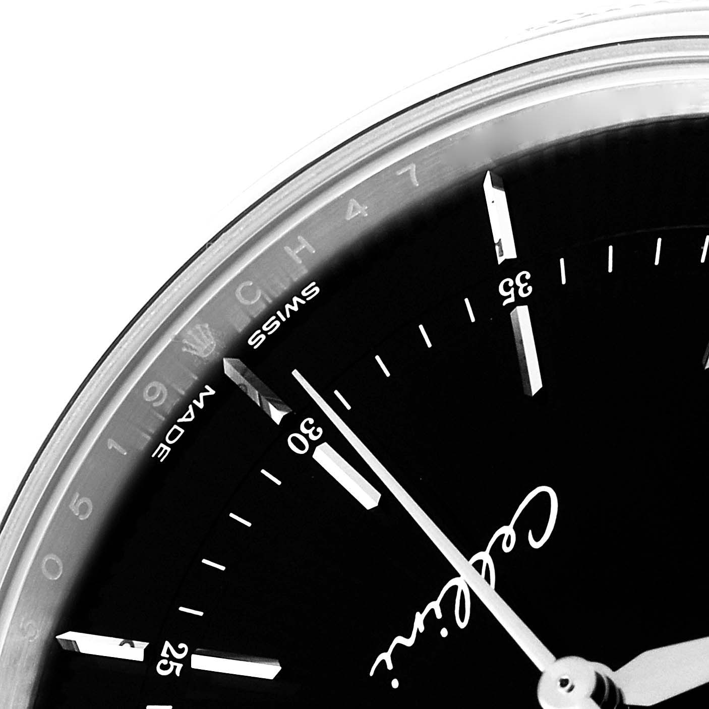 The image shows a close-up of the dial of a Rolex Cellini 50519 Men's White Gold Black Dial 50519 Men's White Gold Black Dial watch, highlighting the minute markers, hands, and "Cellini" signature.