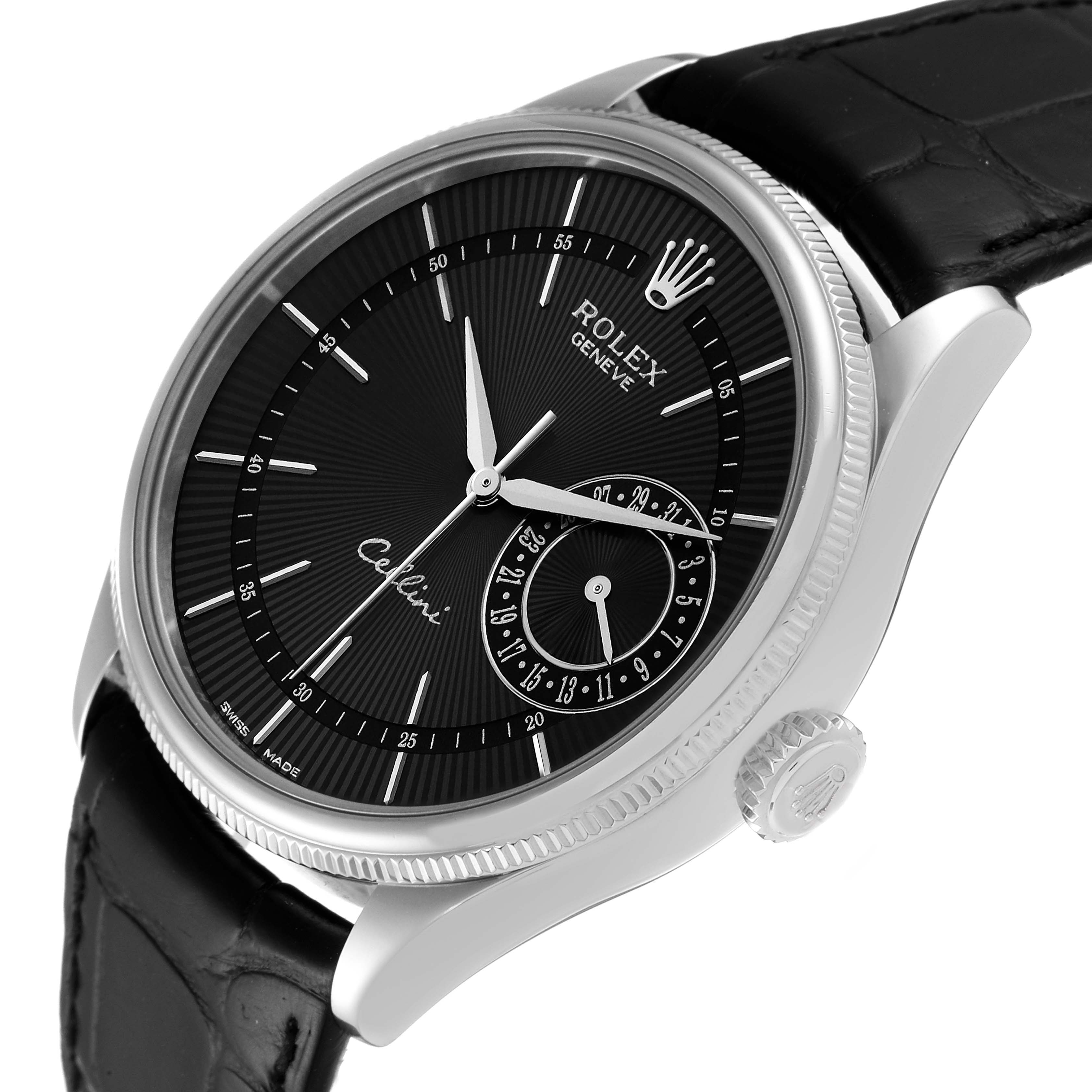 The image shows a Rolex Cellini 50519 Men's White Gold Black Dial 50519 Men's White Gold Black Dial watch at a slight angle, displaying the face, crown, and part of the black leather strap.