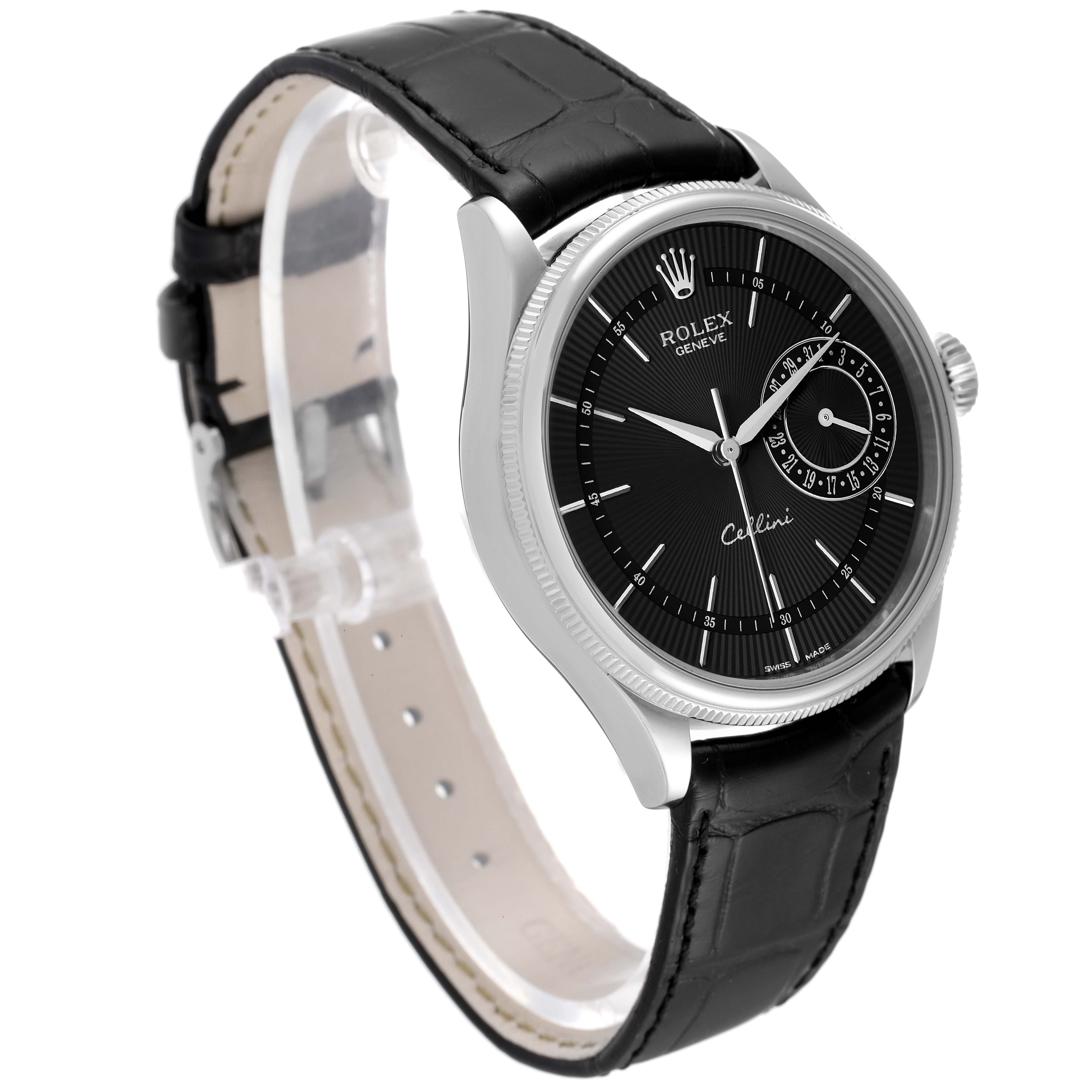 The image shows the Rolex Cellini 50519 Men's White Gold Black Dial 50519 Men's White Gold Black Dial watch from an angled side view, highlighting the face, strap, and side casing.