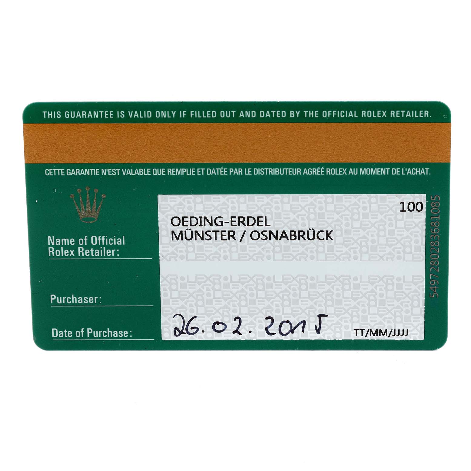 This image shows the warranty card for a Rolex Cellini 50519 Men's White Gold Black Dial 50519 Men's White Gold Black Dial watch, displaying details of the purchase and retailer.