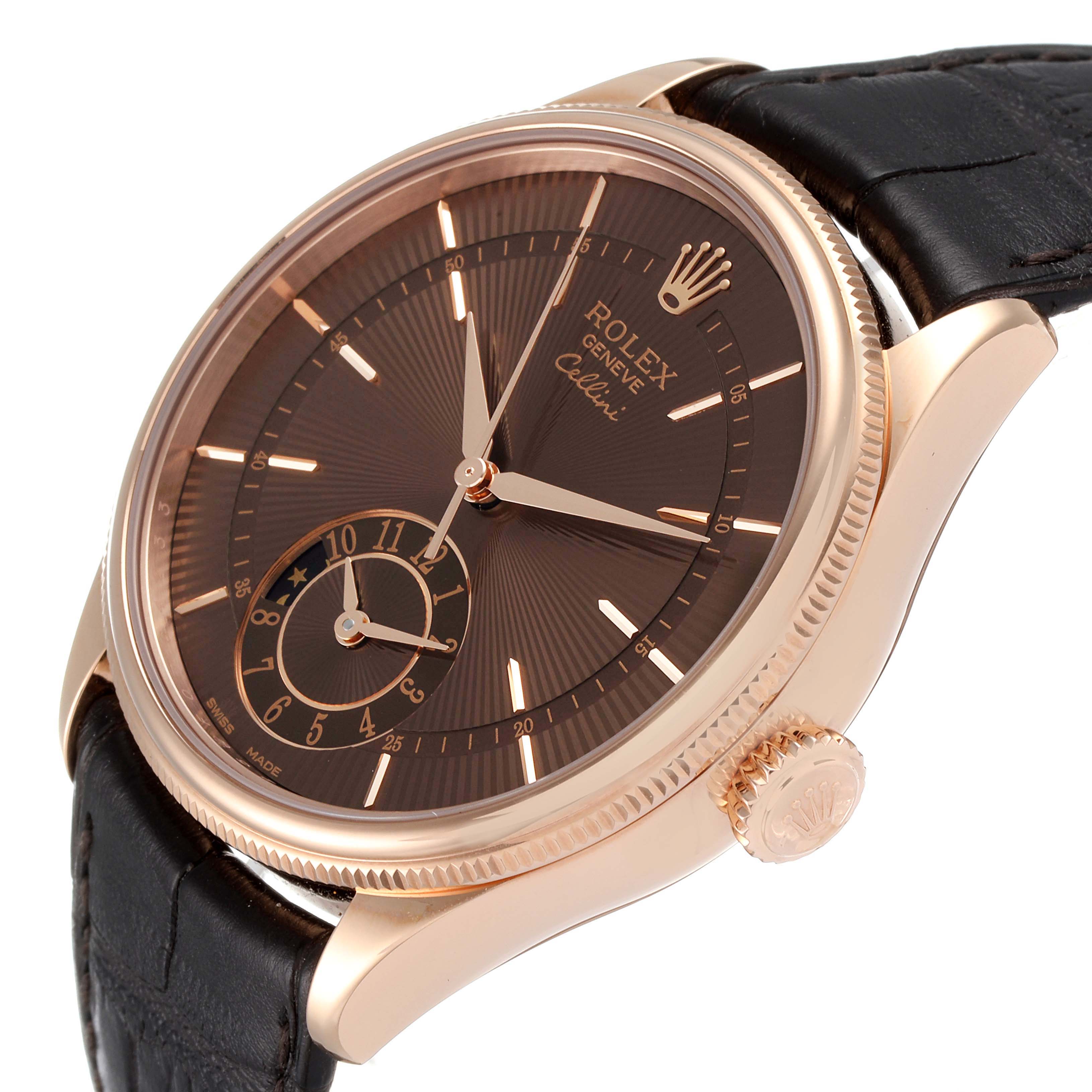 This image shows a Rolex Cellini 50525 Men
s Rose Gold Brown Dial 50525 Men
s Rose Gold Brown Dial watch at an angled view, highlighting its dial, crown, and leather strap.