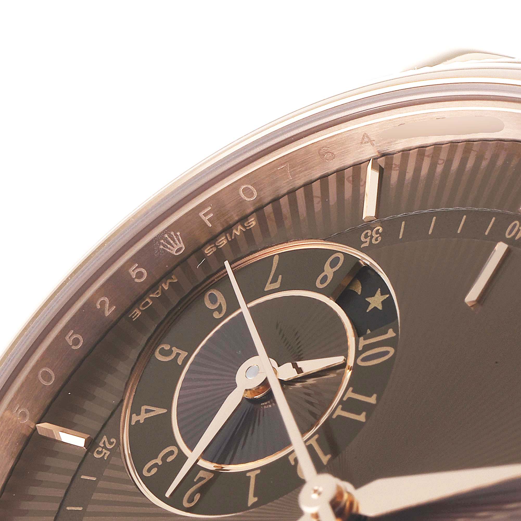 This close-up angle of the Rolex Cellini 50525 Men
s Rose Gold Brown Dial 50525 Men
s Rose Gold Brown Dial model shows the dial and part of the bezel with detailed numbers and markings.
