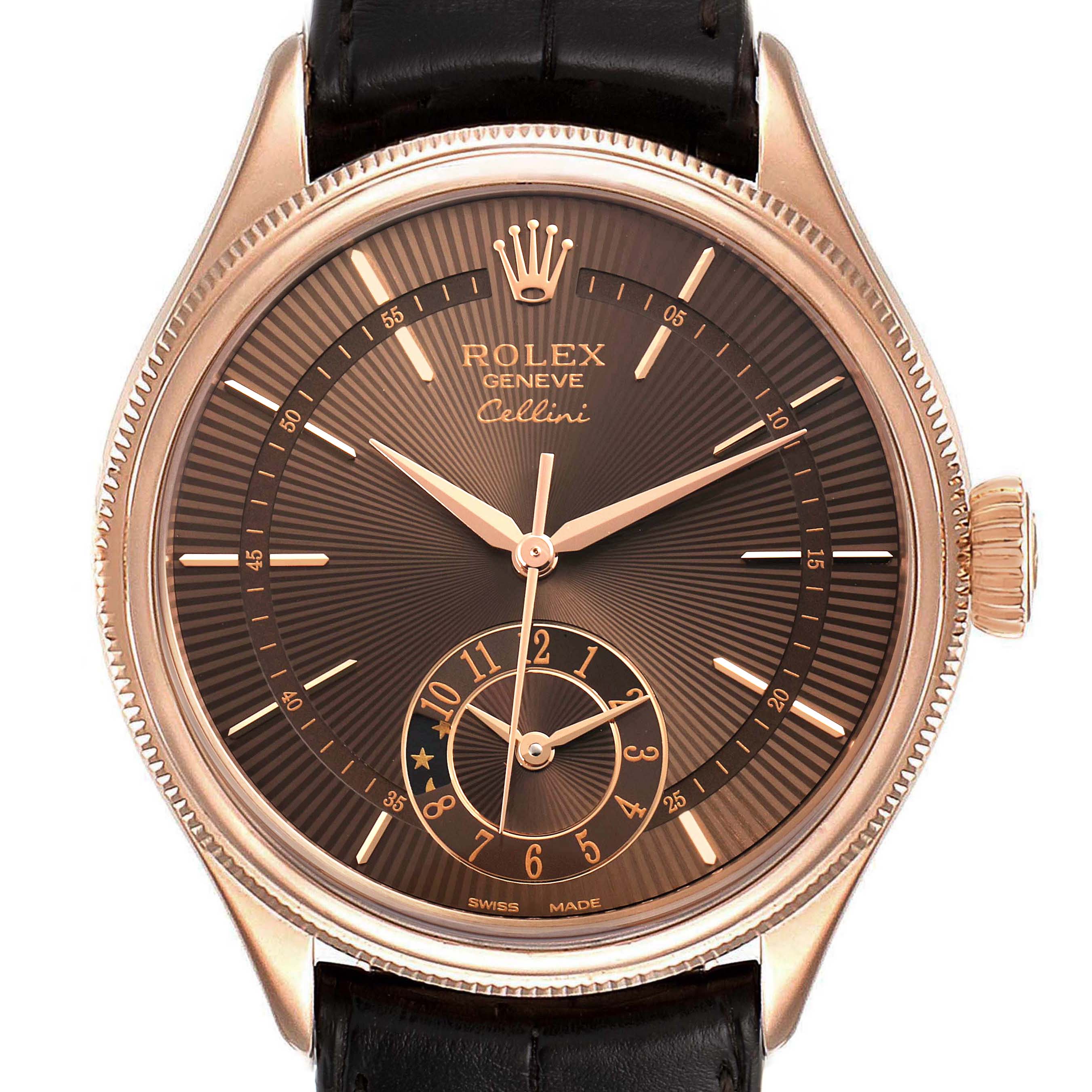 The Rolex Cellini 50525 Men
s Rose Gold Brown Dial 50525 Men
s Rose Gold Brown Dial watch is shown from the front, detailing its face, hands, crown, and strap connection.