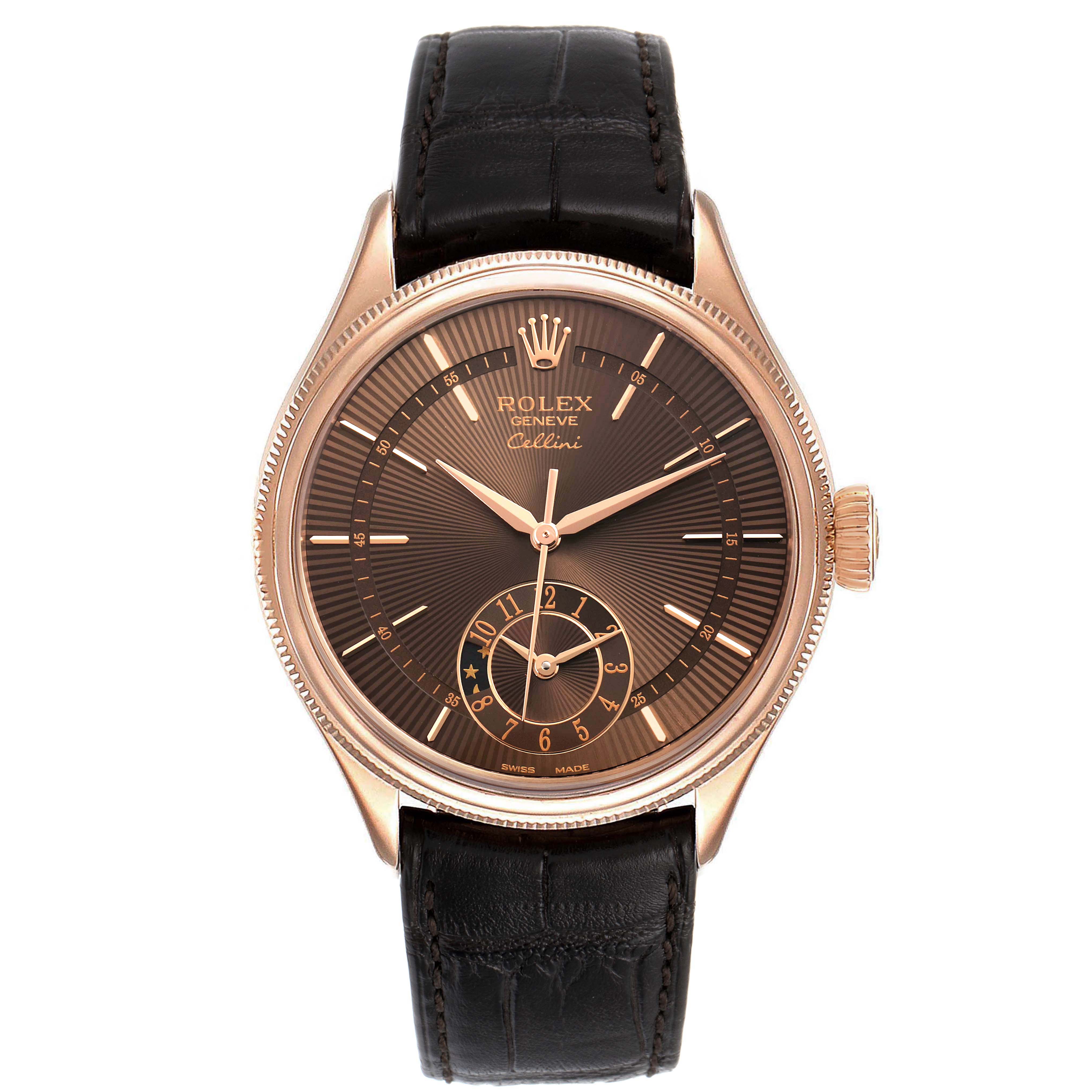 The image shows a front view of a Rolex Cellini 50525 Men
s Rose Gold Brown Dial 50525 Men
s Rose Gold Brown Dial watch with a black leather strap and a rose gold case.