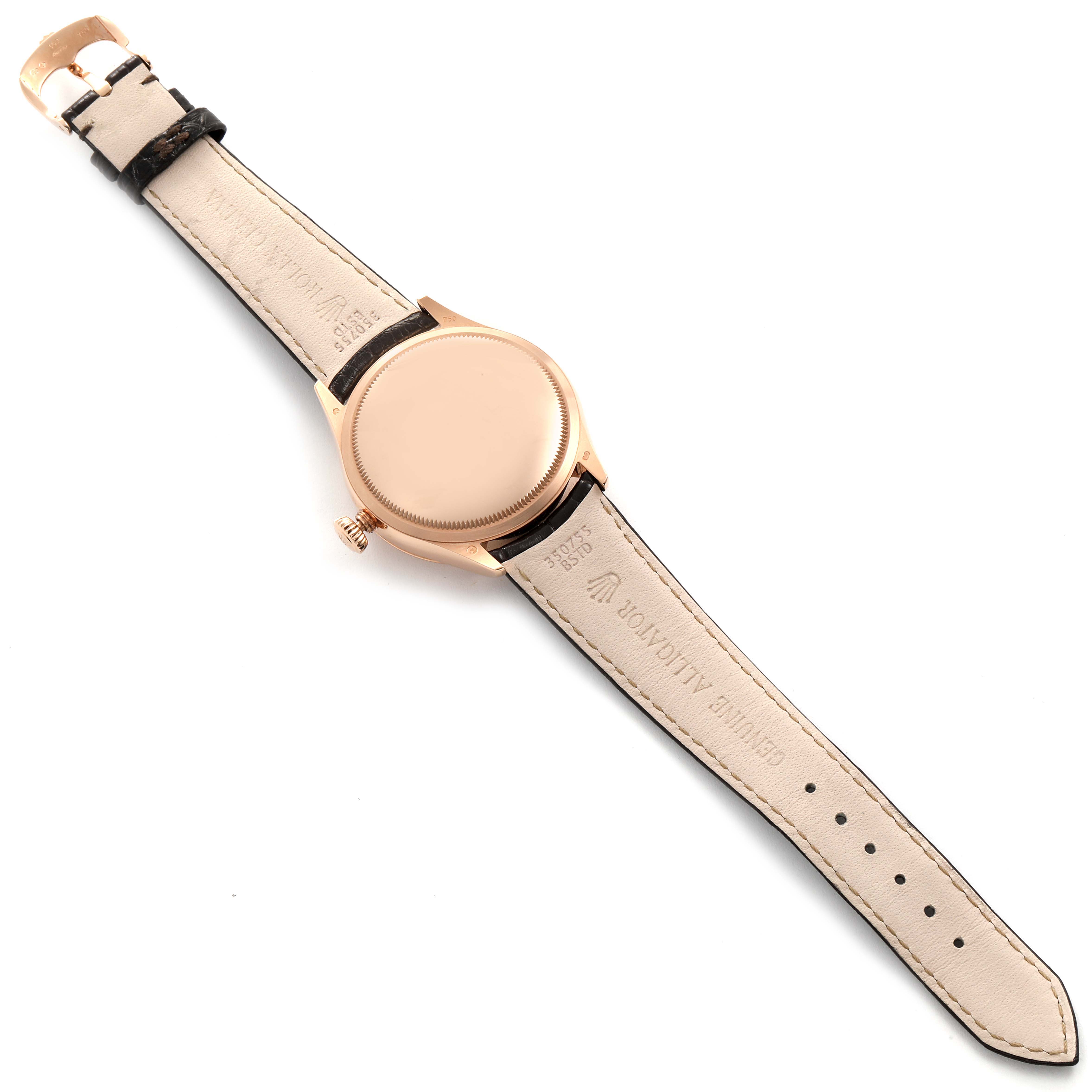 The image shows the back view of a Rolex Cellini 50525 Men
s Rose Gold Brown Dial 50525 Men
s Rose Gold Brown Dial model watch, highlighting its leather strap and case back.