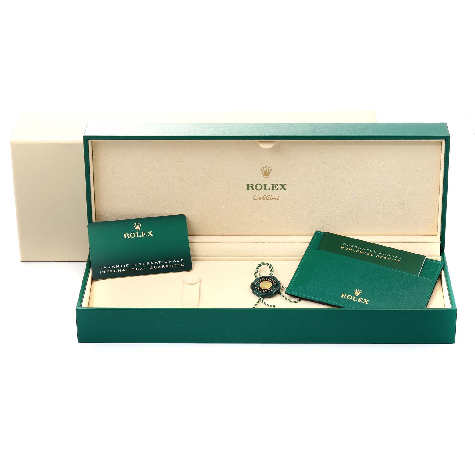 This image displays the packaging and accessories for a Rolex Cellini 50525 Men
s Rose Gold Brown Dial 50525 Men
s Rose Gold Brown Dial watch, including warranty cards and manual.