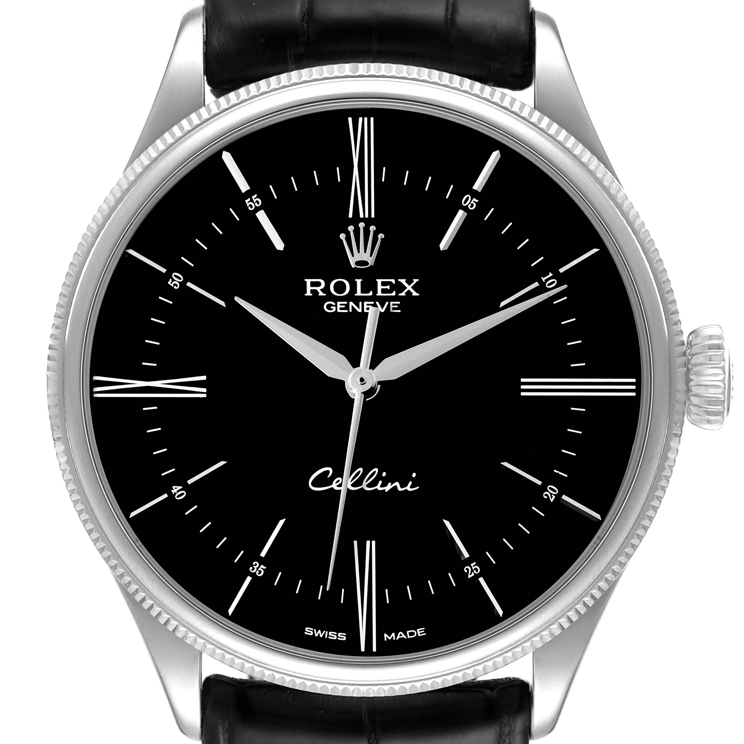 This image shows a front view of a Rolex Cellini 50509 Men's White Gold Black Dial 50509 Men's White Gold Black Dial watch, highlighting the black dial, hands, and leather strap.